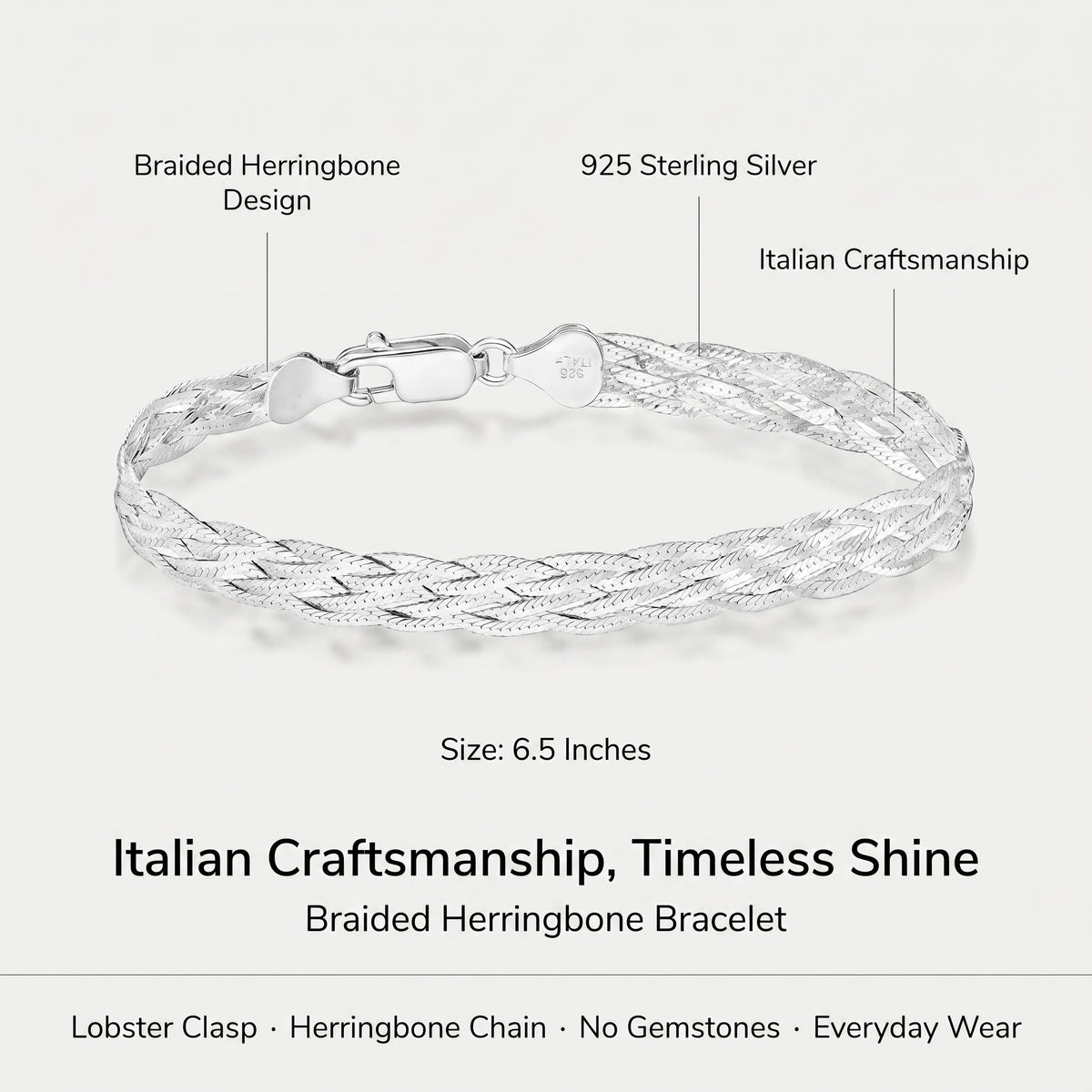 Braided herringbone bracelet in 925 sterling silver, made in Italy, 6.5 inches, with feature labels