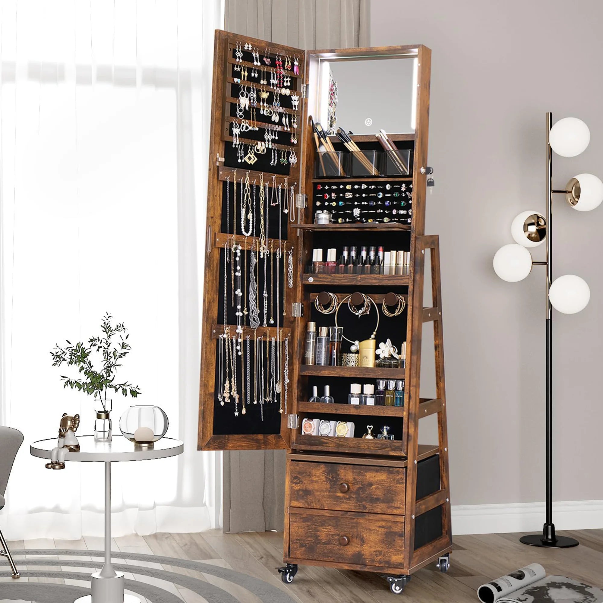 4 in 1 Rustic Brown Rotating Jewelry Cabinet