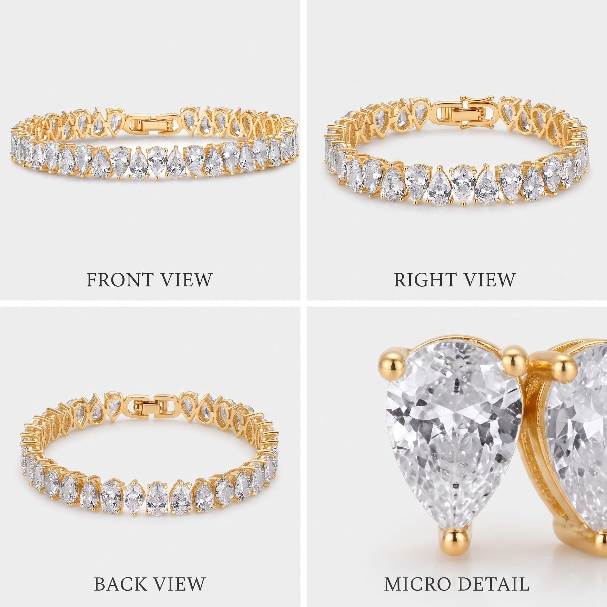 Front, side, back, and macro detail views of the 14K gold plated pear CZ tennis bracelet