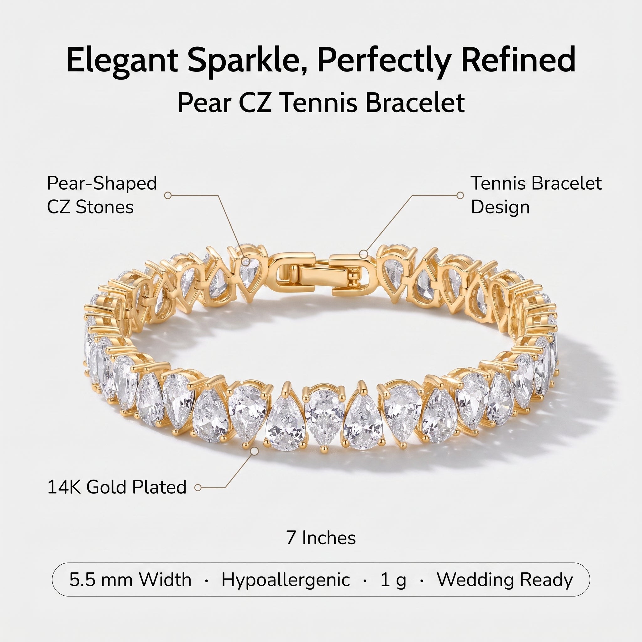 Infographic showing pear-shaped CZ stones, 14K gold plating, 5.5mm width, and hypoallergenic details of the tennis bracelet