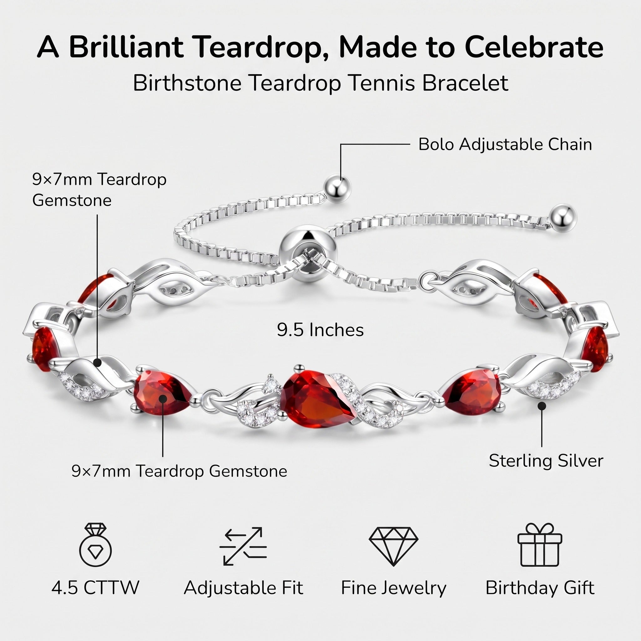 Infographic showing 9x7mm teardrop garnet gemstones, sterling silver, and adjustable bolo chain details of the bracelet