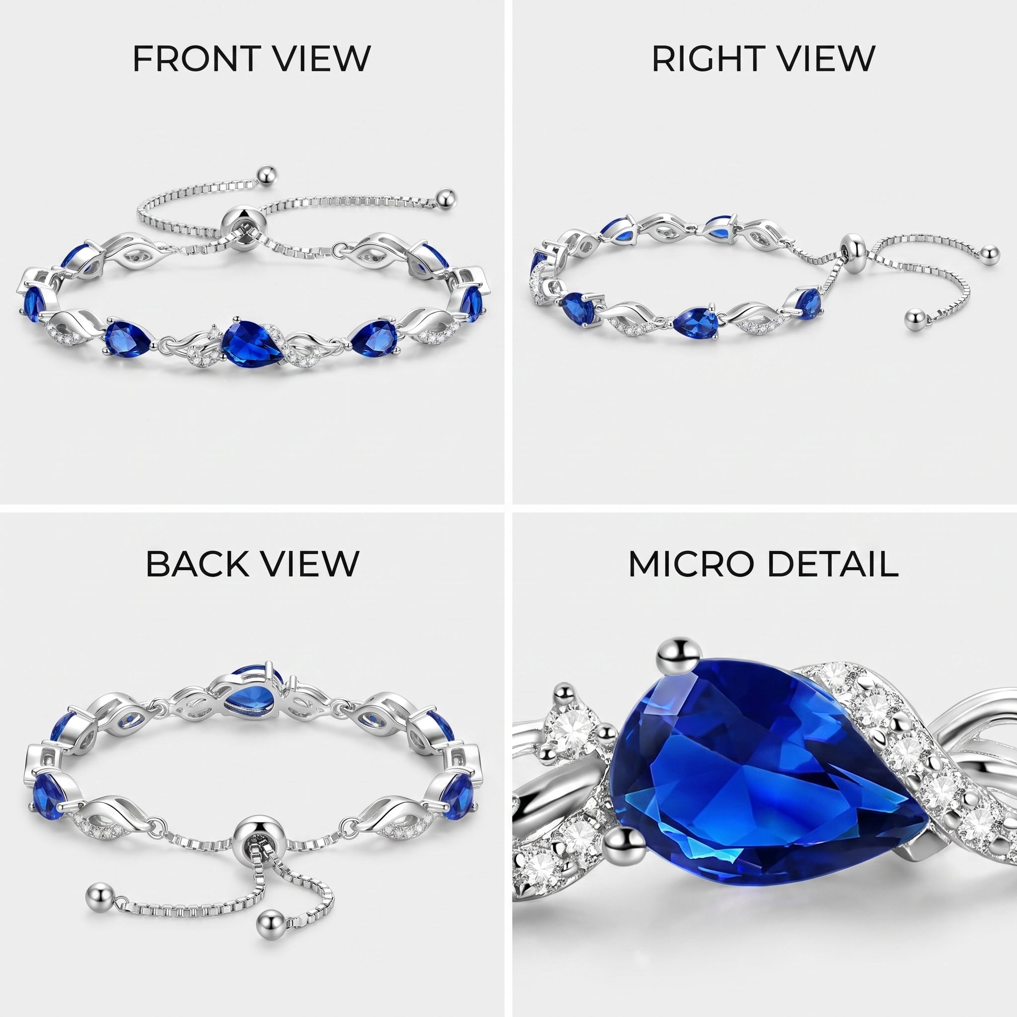 Front, side, back, and macro detail views of the sterling silver sapphire teardrop tennis bracelet