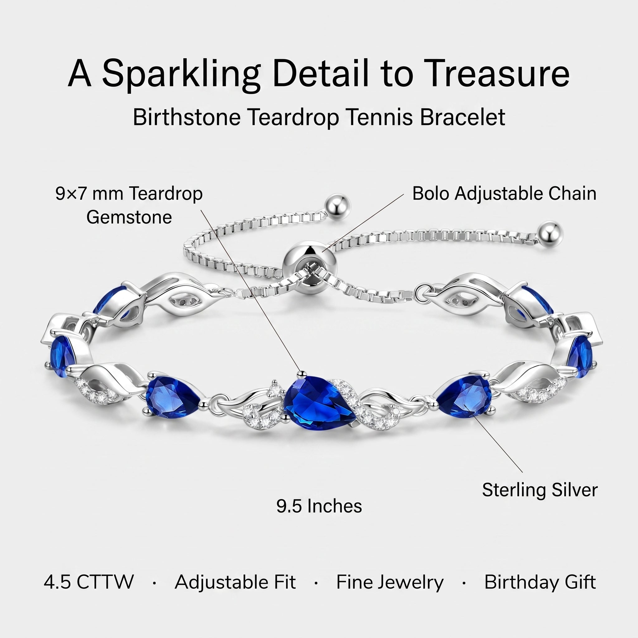 Infographic showing 9x7mm teardrop sapphire gemstones, sterling silver, and adjustable bolo chain details of the bracelet