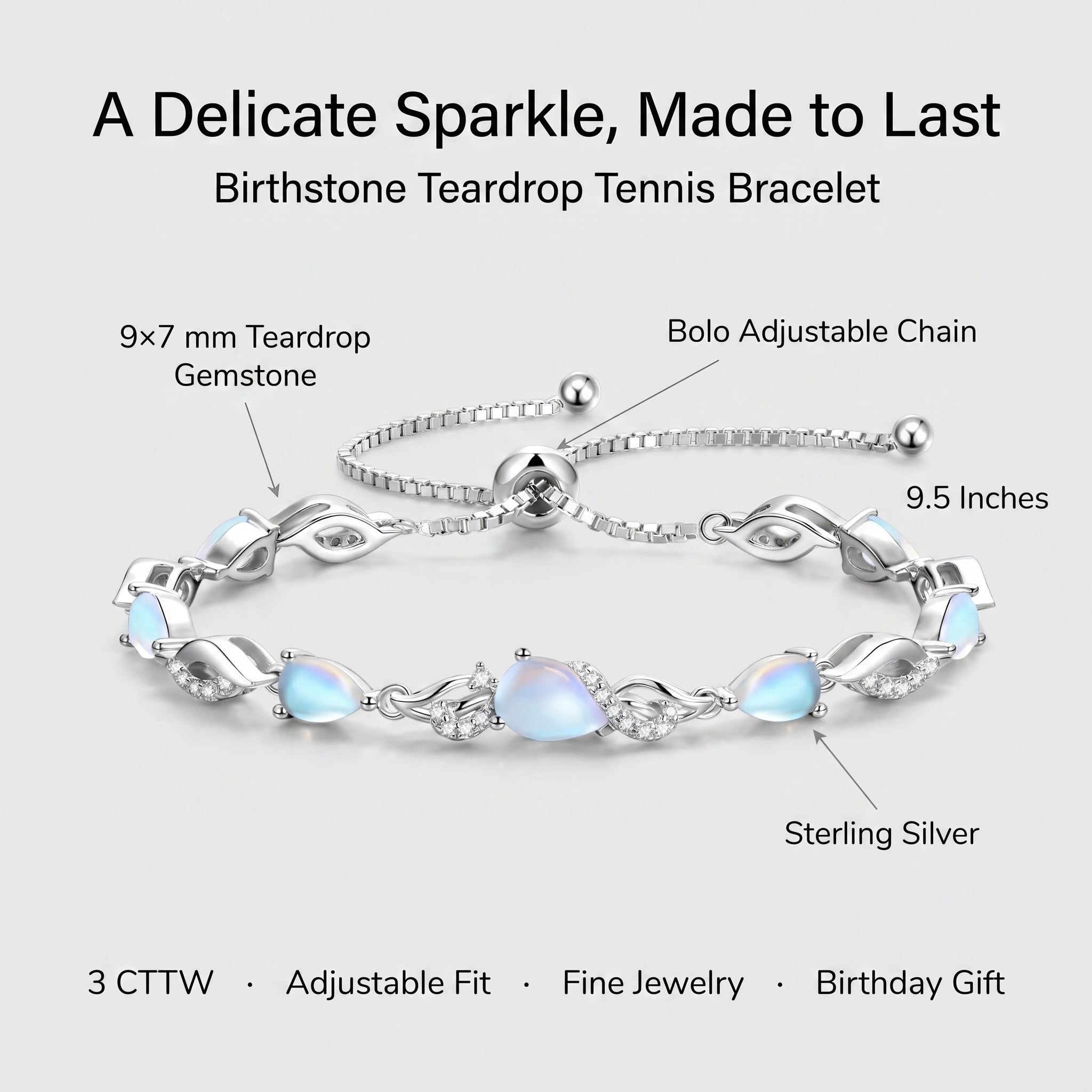 Infographic showing the moonstone tennis bracelet's 9x7mm teardrop gemstone, sterling silver setting, bolo adjustable chain, and 9.5 inch length.
