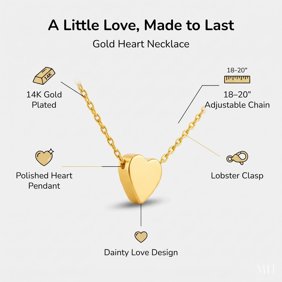 Gold Heart Necklace – 14K Gold Plated Dainty Love Pendant for Women