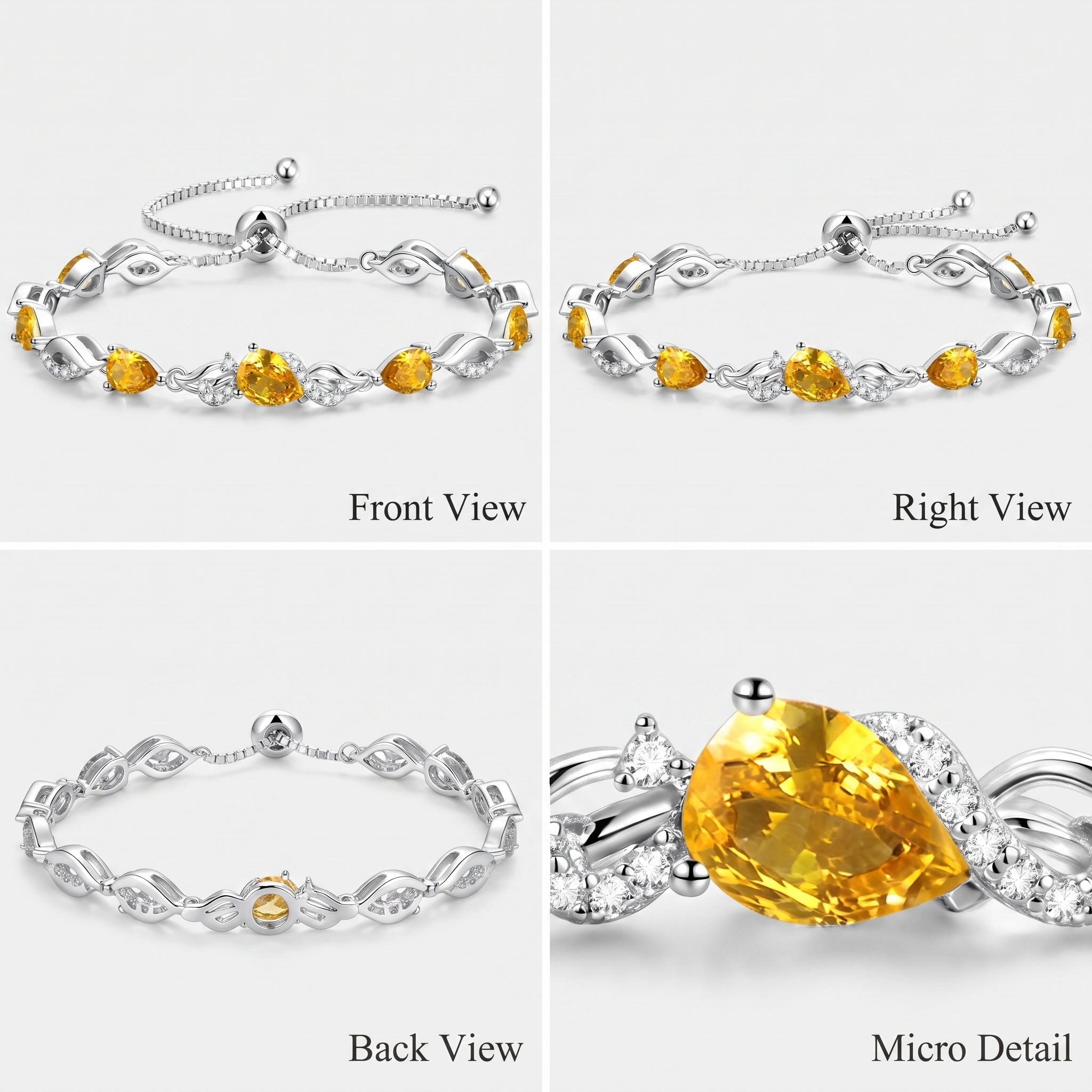 Four angles of the citrine tennis bracelet: front view, right view, back view, and a macro detail of the center citrine stone.