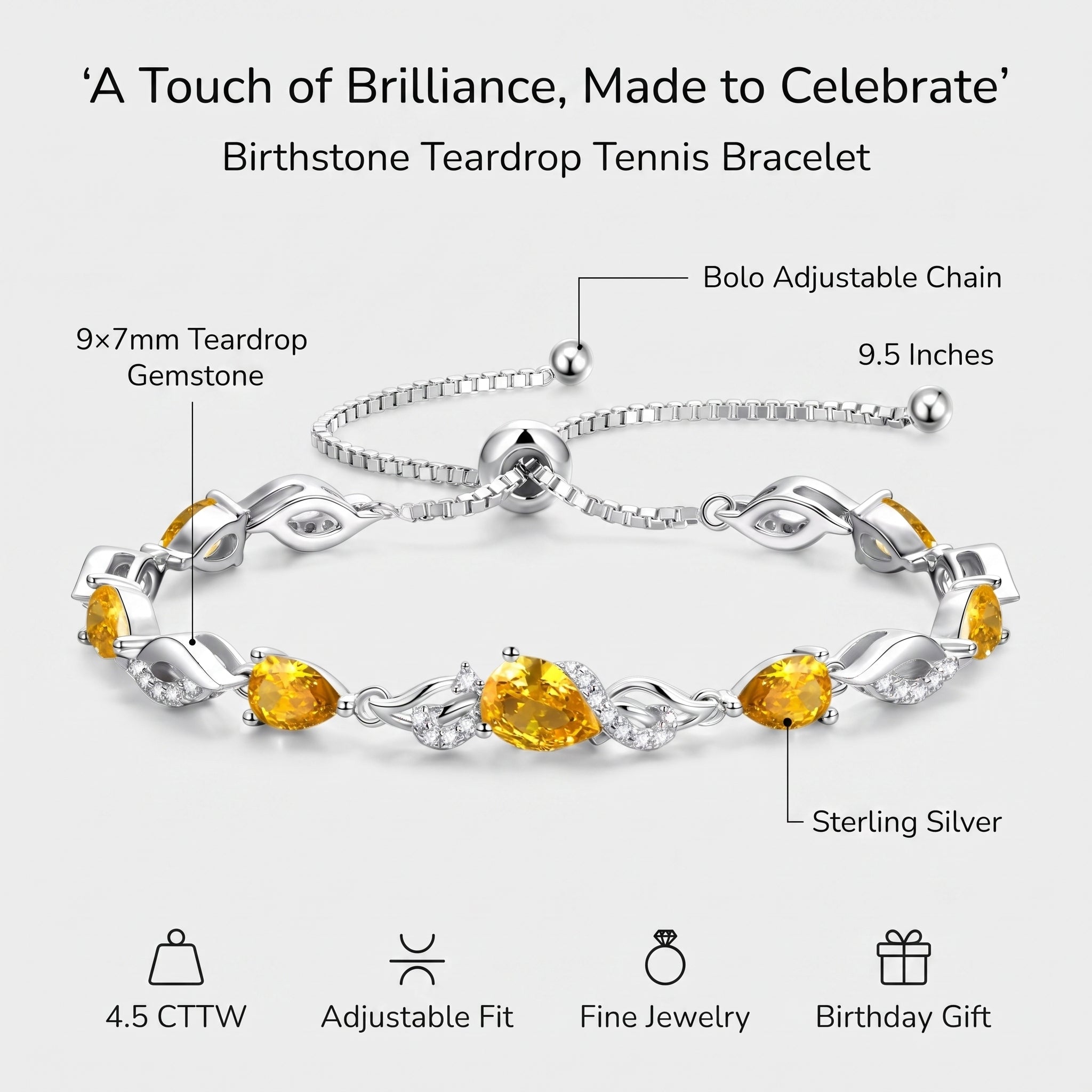 Infographic showing the citrine tennis bracelet's 9x7mm teardrop gemstone, sterling silver setting, bolo adjustable chain, and 9.5 inch length.