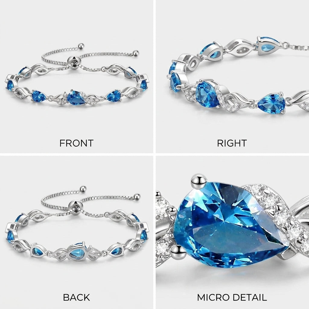 Four angles of the blue topaz tennis bracelet: front view, right view, back view, and a macro detail of the center stone.