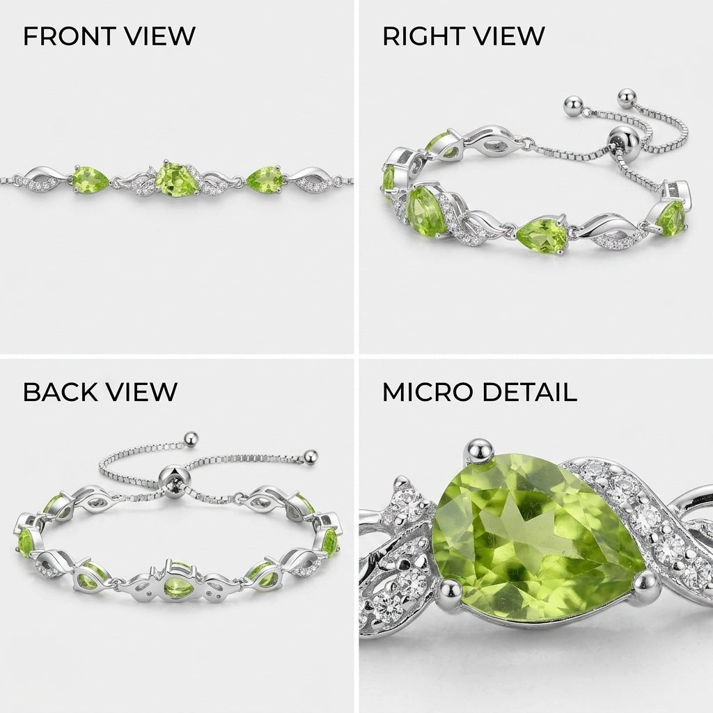 Four angles of the peridot tennis bracelet: front view, right view, back view, and a macro detail of the center stone.