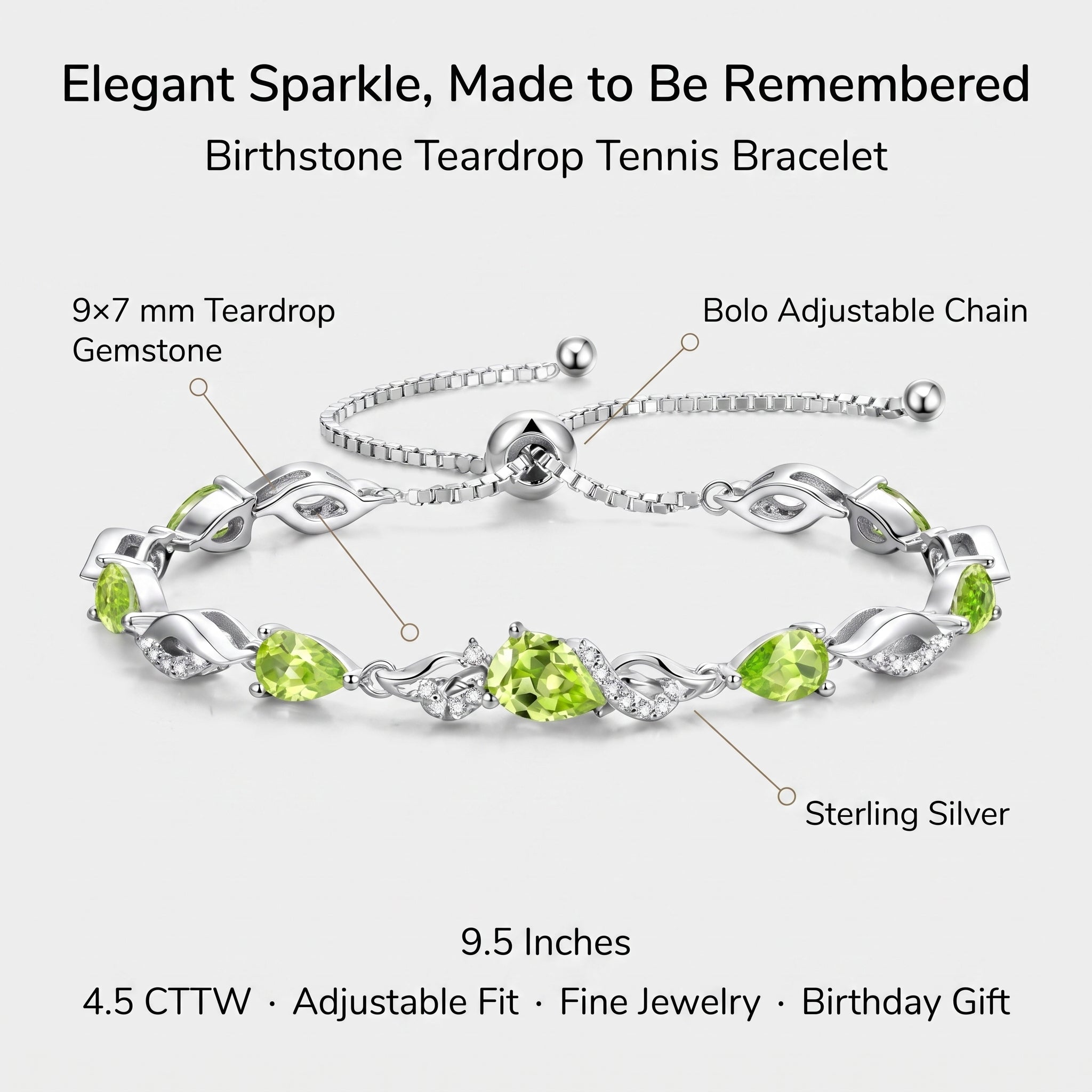 Infographic showing the peridot tennis bracelet's 9x7mm teardrop gemstone, sterling silver setting, bolo adjustable chain, and 9.5 inch length.