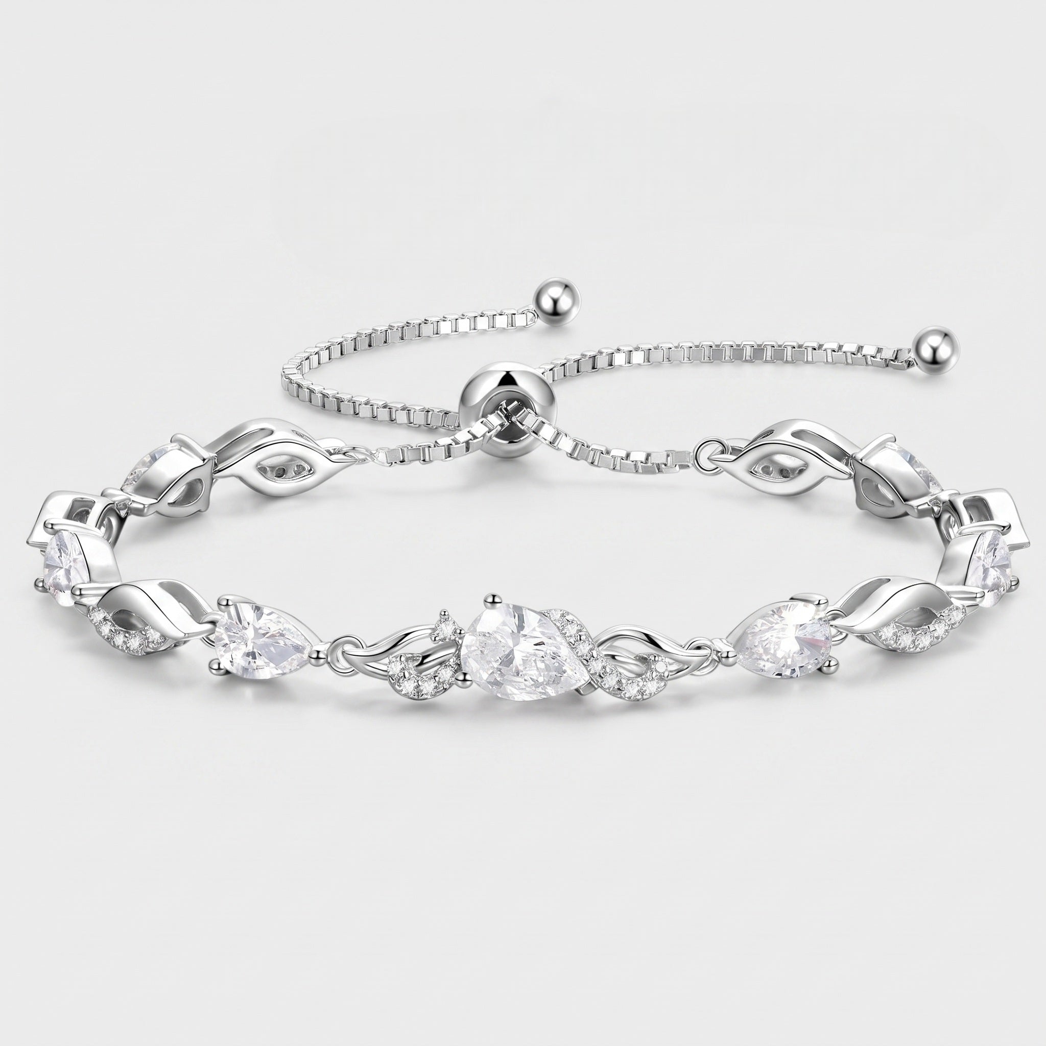 CZ teardrop tennis bracelet in sterling silver with adjustable bolo clasp