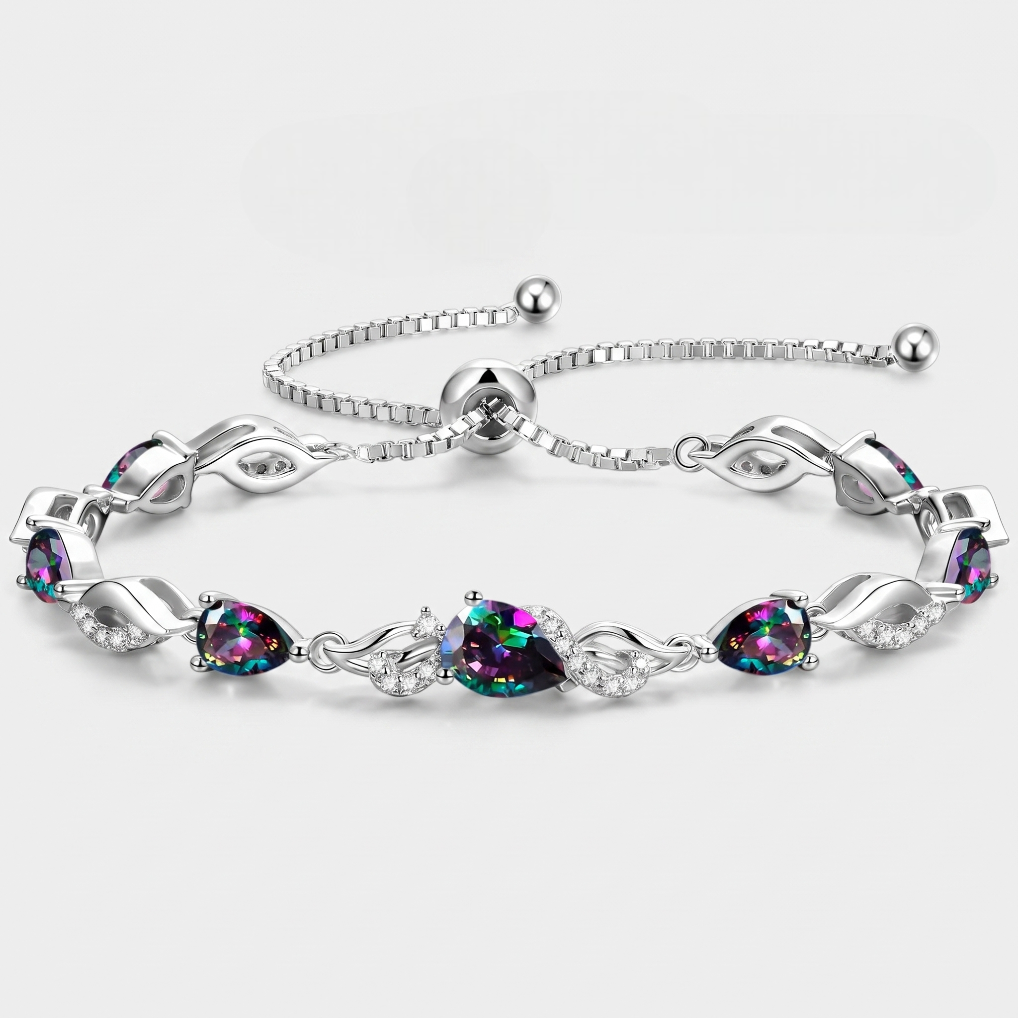 Alexandrite teardrop tennis bracelet in sterling silver with adjustable bolo clasp