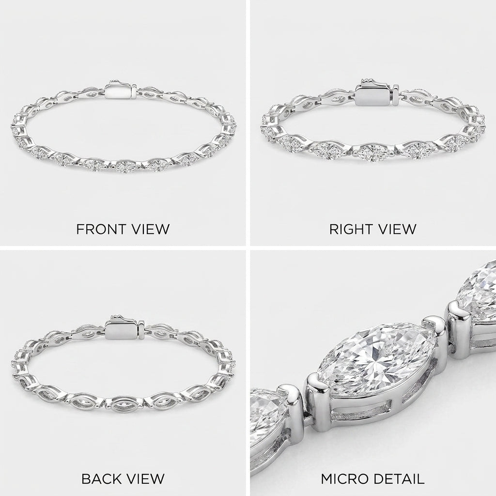 Front, side, back, and macro views of the marquise moissanite tennis bracelet