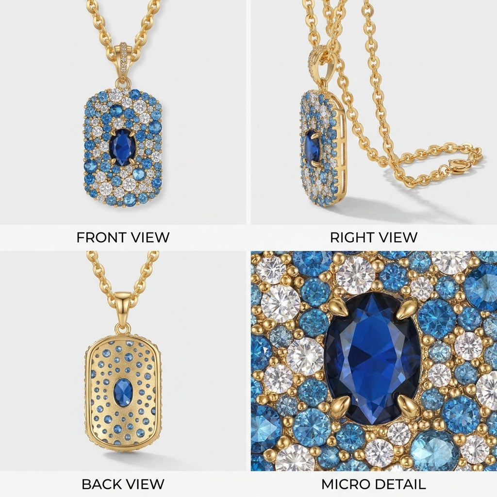 Front, side, back and close-up views of a blue CZ pave tag pendant with oval blue center stone