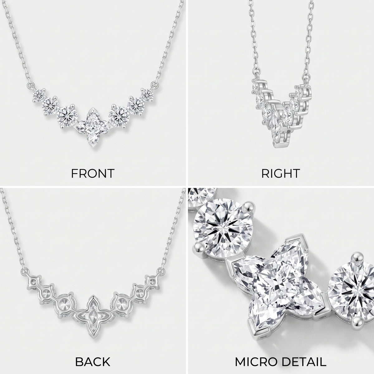 Front, side, back and close-up views of a graduated moissanite V necklace in sterling silver
