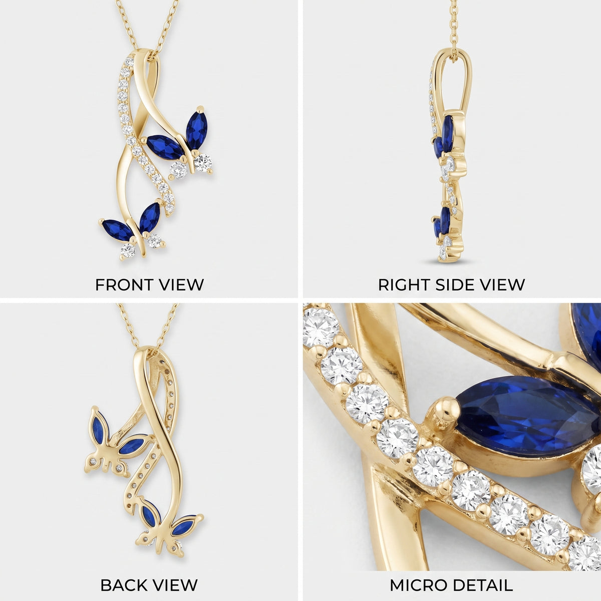 Front, side and back views of a butterfly infinity pendant with blue and white stones