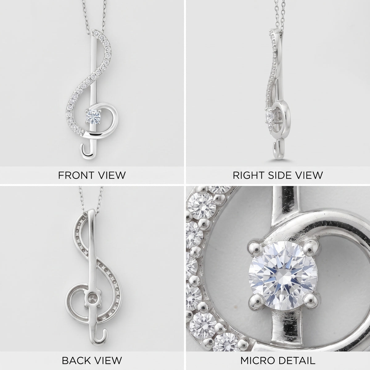 Front, side, back and close-up views of a treble clef pendant with white moissanite