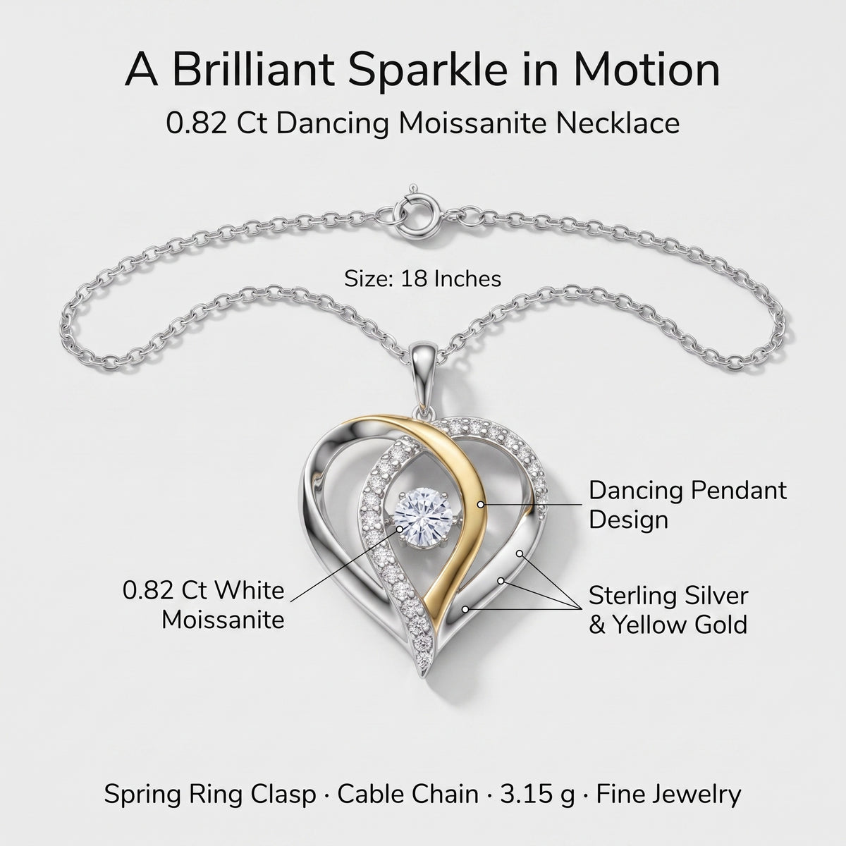 Dancing heart necklace details: 5mm white moissanite center stone, sterling silver and yellow gold, 18 inch chain