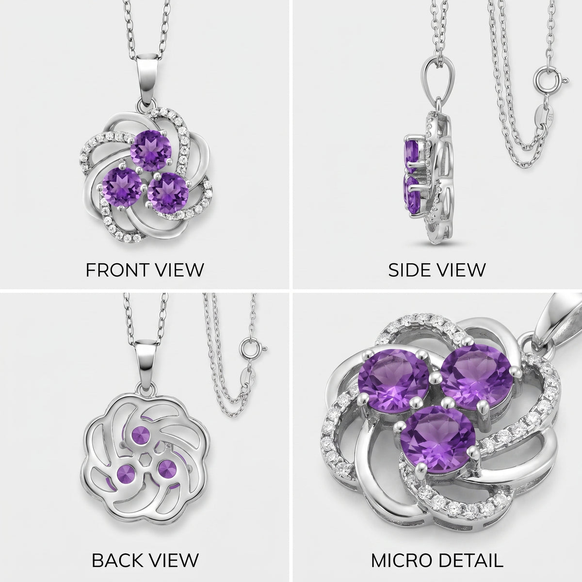 Front, side, back and close-up views of an amethyst three stone pinwheel pendant