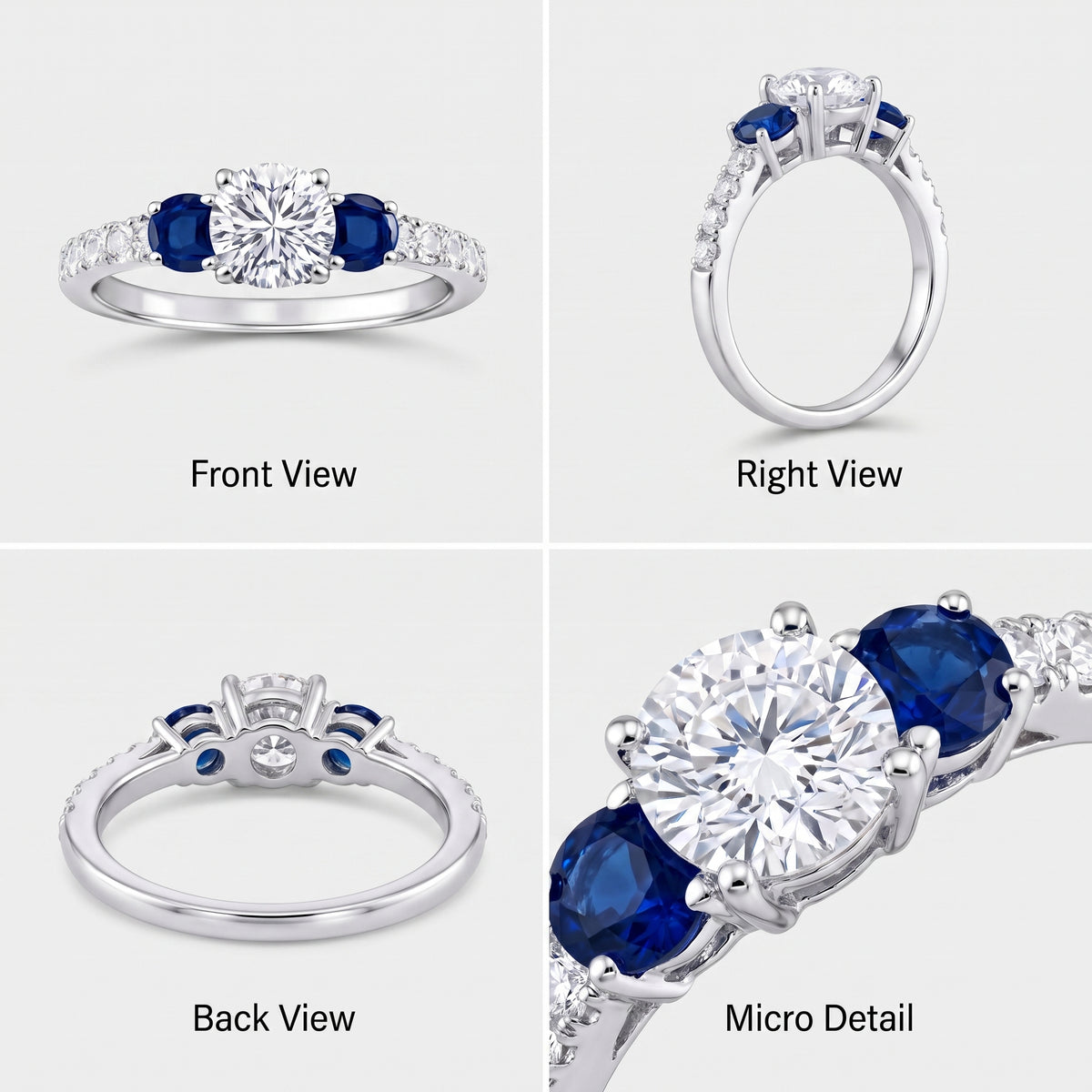 A four-panel product collage showing a silver-toned ring from multiple angles: Front View, Right View, Back View, and Micro Detail. The ring features a large clear center stone, two oval deep blue stones, and small clear stones along the band.