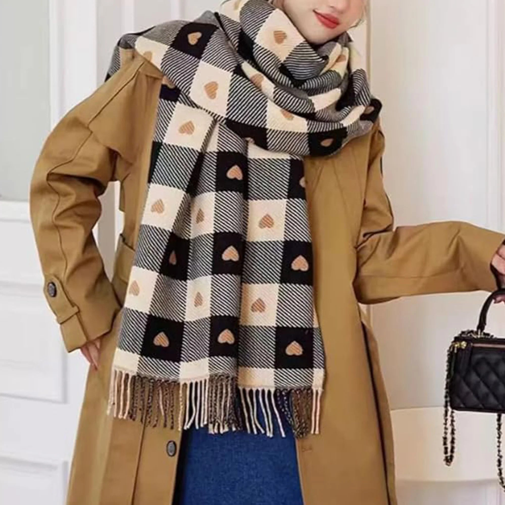 Cute Heart Graphic Plaid Scarf
