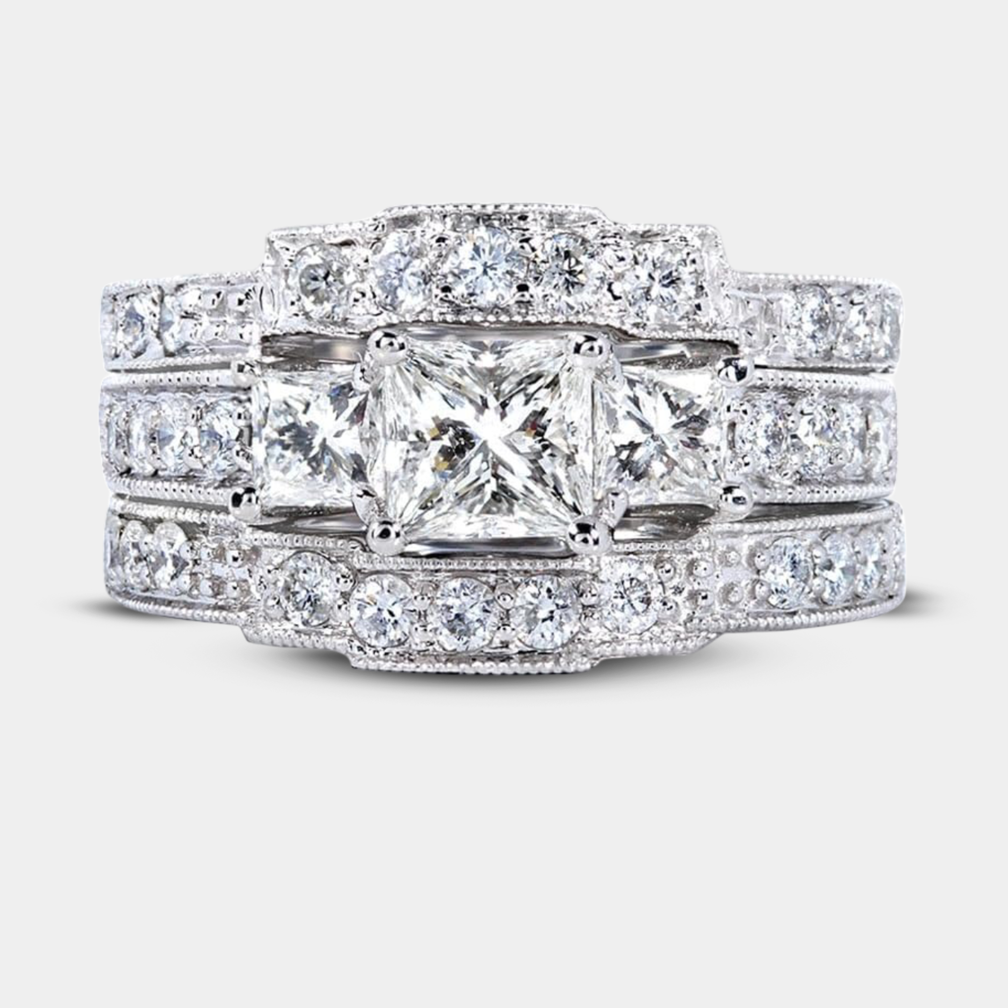 Juego de anillos de boda de princesa con diamantes