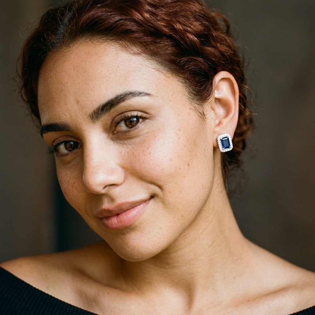 A close-up portrait of a woman with reddish-brown hair wearing a small rectangular stud earring with a deep blue rectangular gemstone and silver-toned setting.