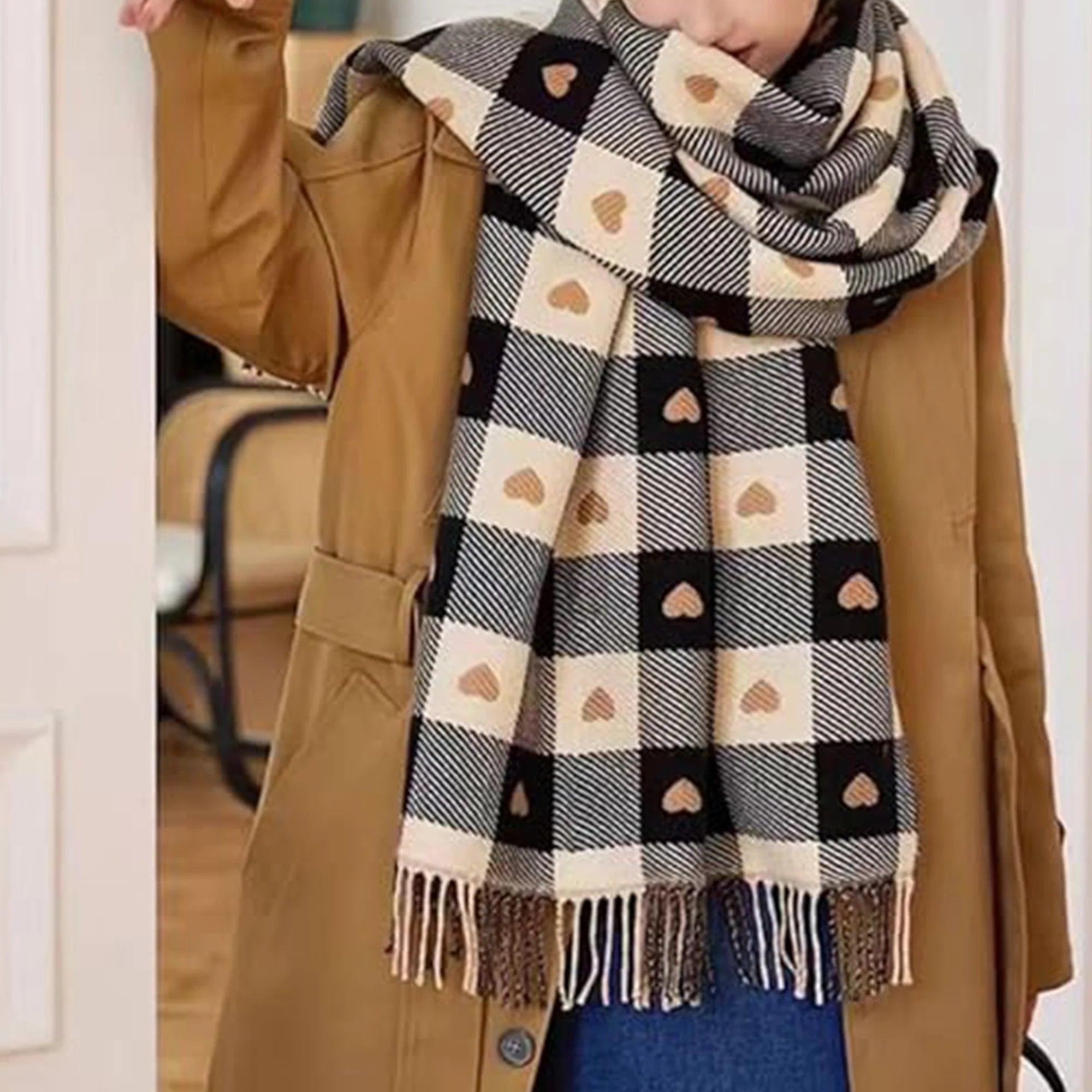 Cute Heart Graphic Plaid Scarf