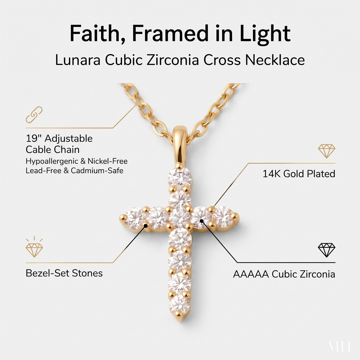 Lunara Cubic Zirconia Cross Necklace for Women | 14K Gold Plated Faith Pendant