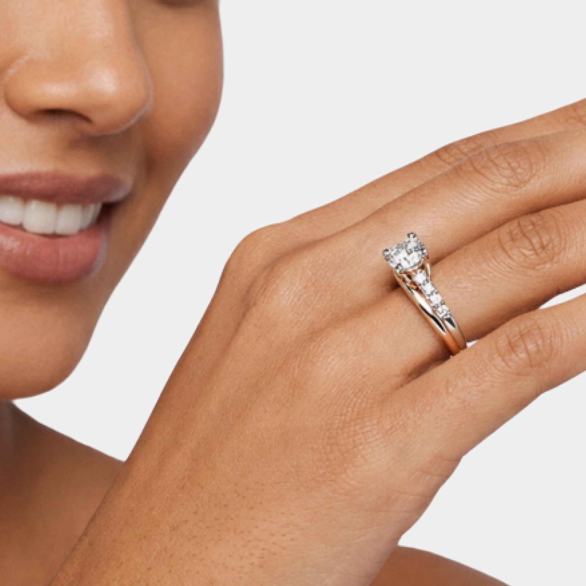Close-up detail of cubic zirconia stone in rose gold plated sterling silver promise ring setting