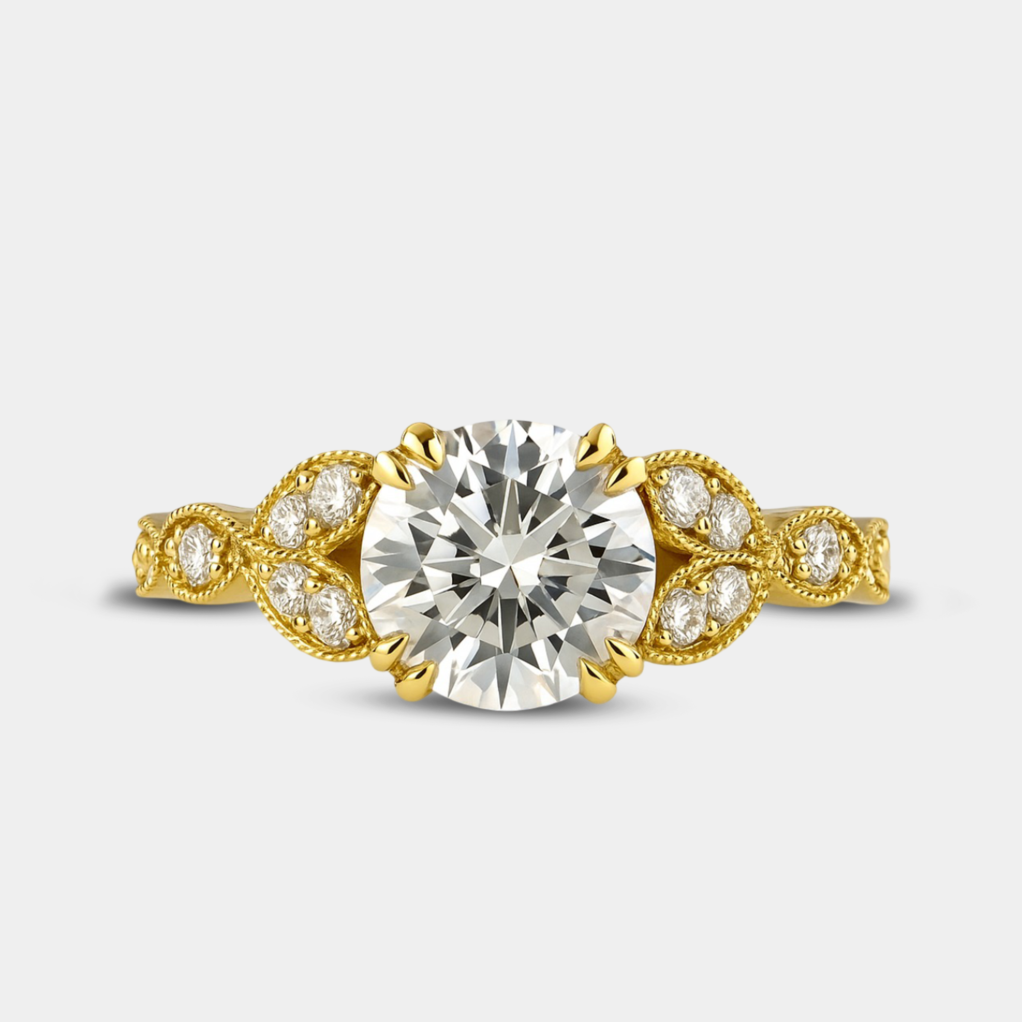 antique style round-cut moissanite ring main display from MH Elegance luxury wedding rings collection