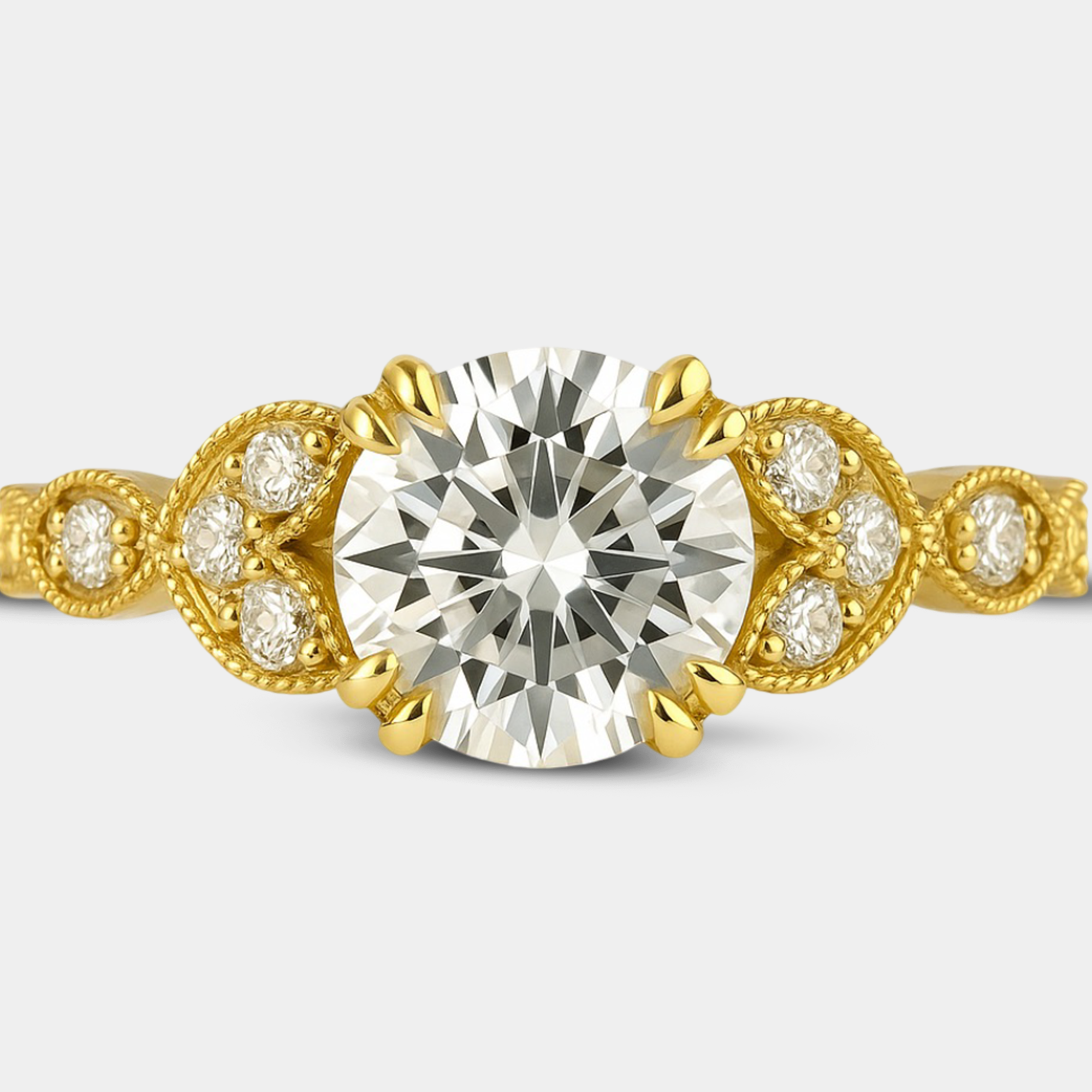 antique style round-cut moissanite ring side angle view from MH Elegance luxury wedding rings collection