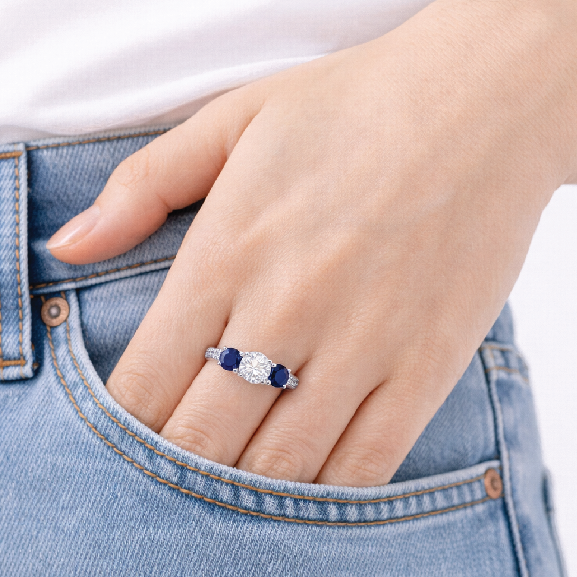 Diamond & Blue Sapphire Engagement Ring