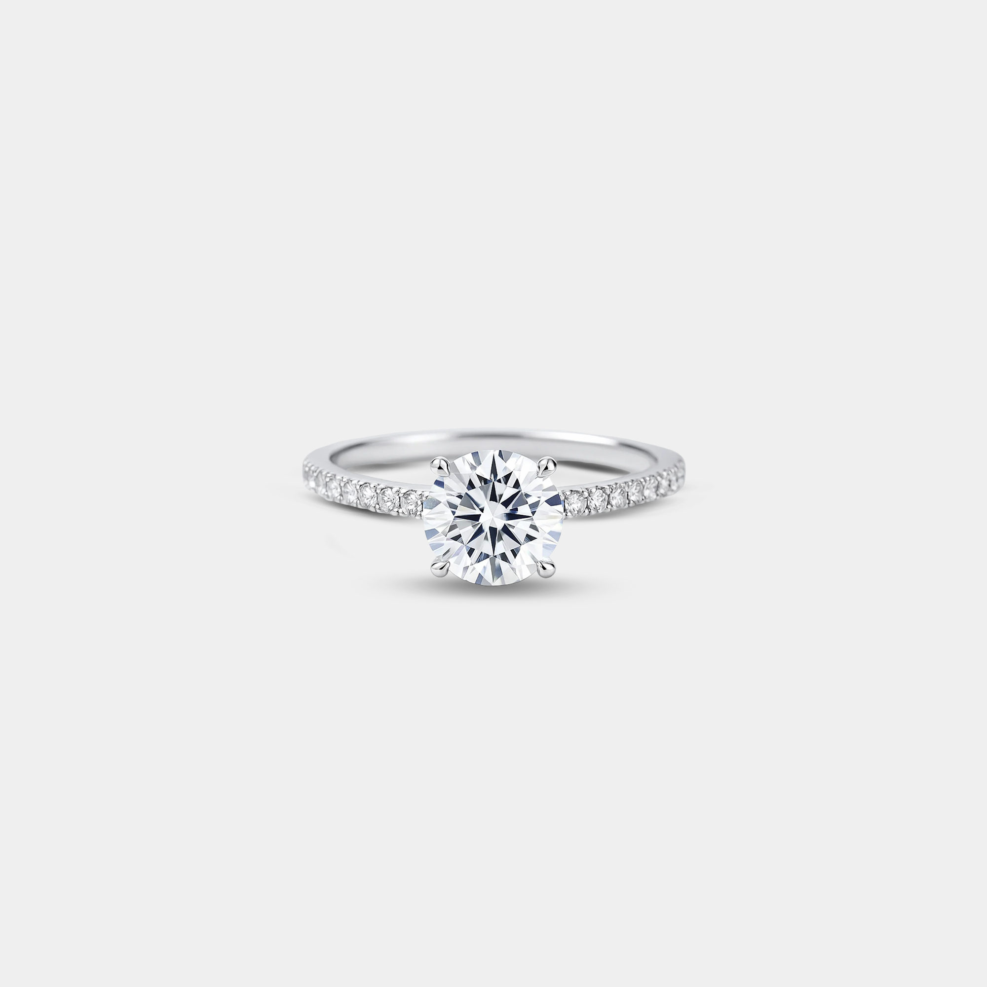 Side view of basket cathedral moissanite engagement ring showing elevated center stone and cathedral arch