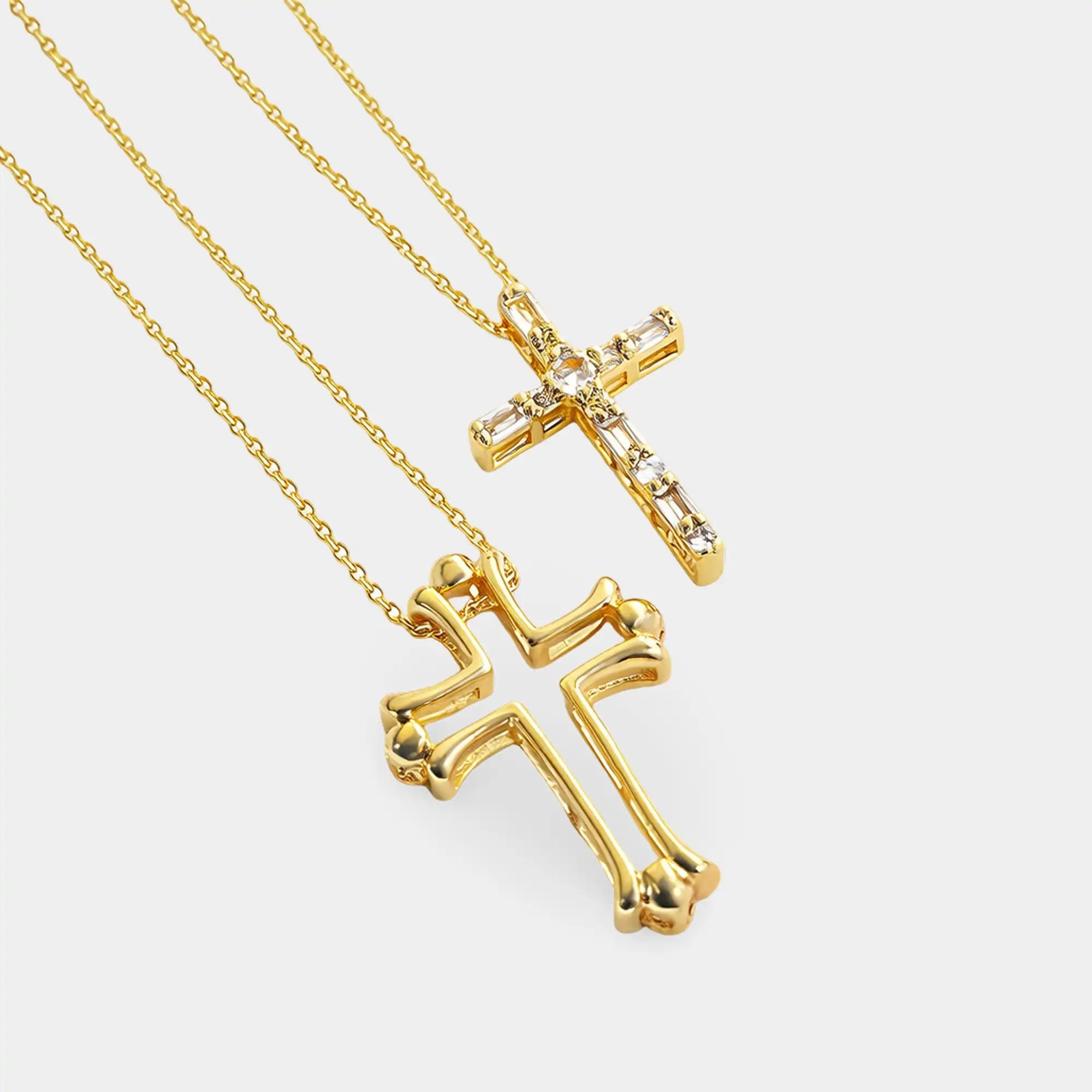 Matching couples puzzle cross pendant necklace set in gold with gift packaging.