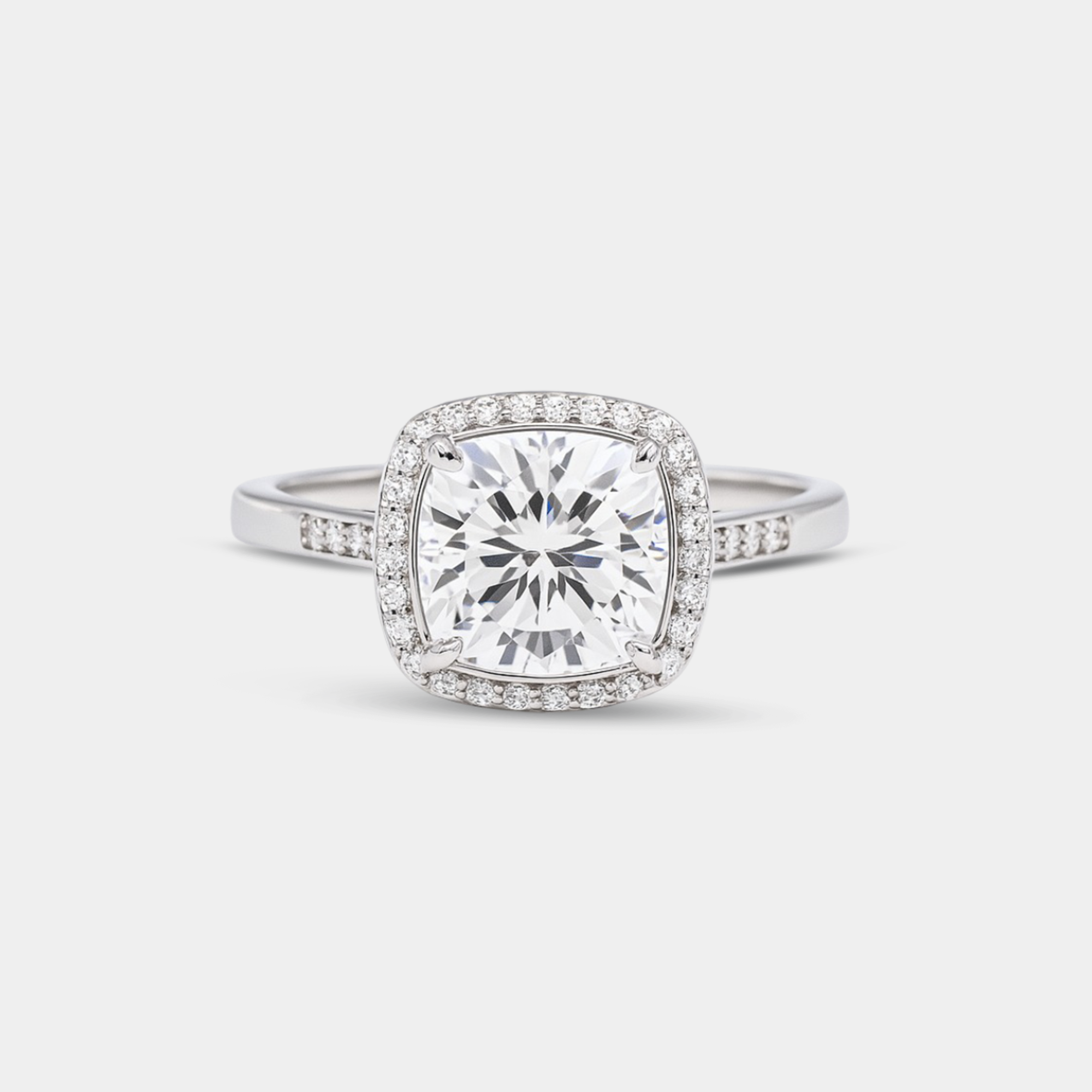 cushion-cut moissanite halo ring main display from MH Elegance luxury wedding rings collection
