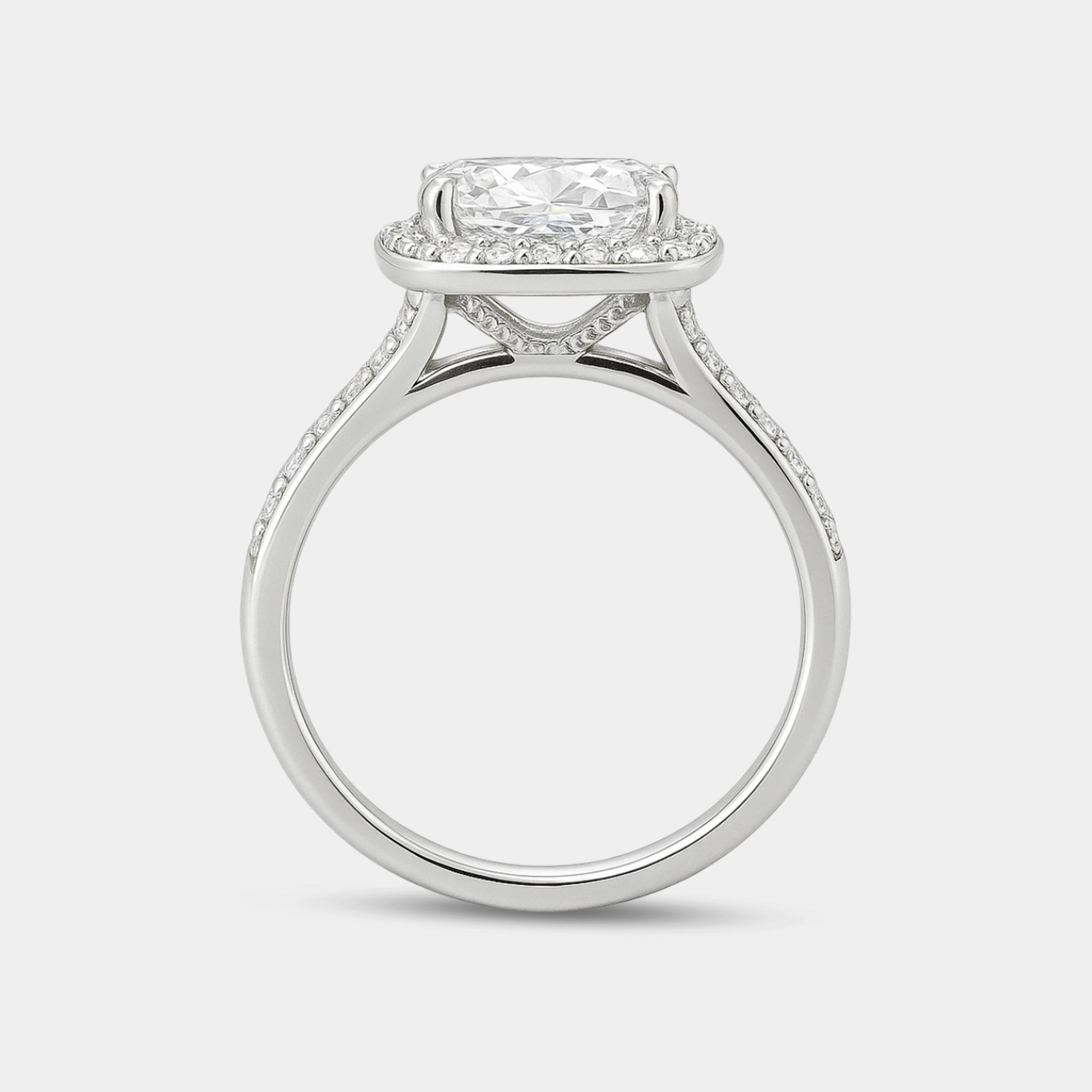 cushion-cut moissanite halo ring side angle view from MH Elegance luxury wedding rings collection