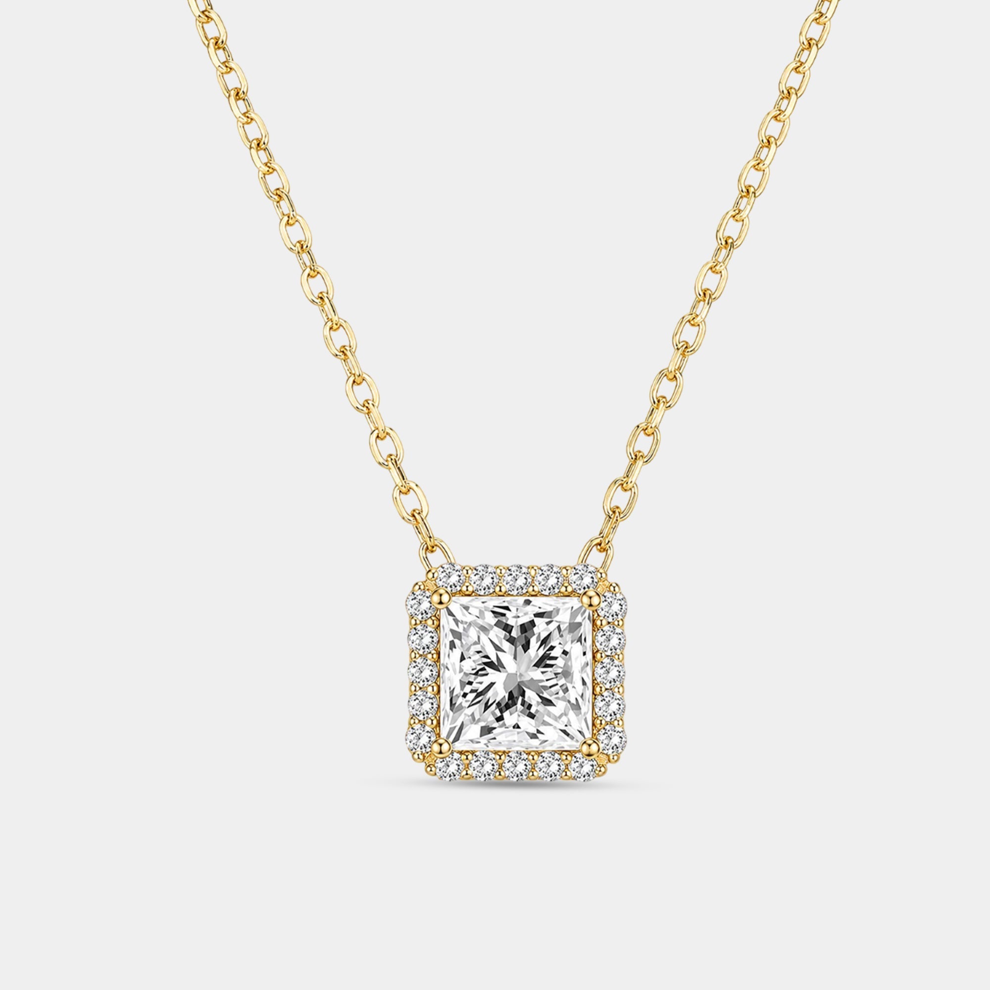 14K gold-plated square halo CZ necklace princess cut pendant