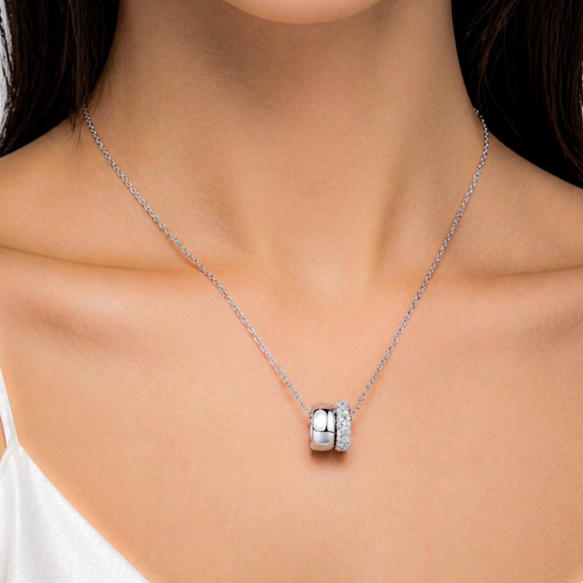 White gold rondelle pendant necklace two stones sparkle