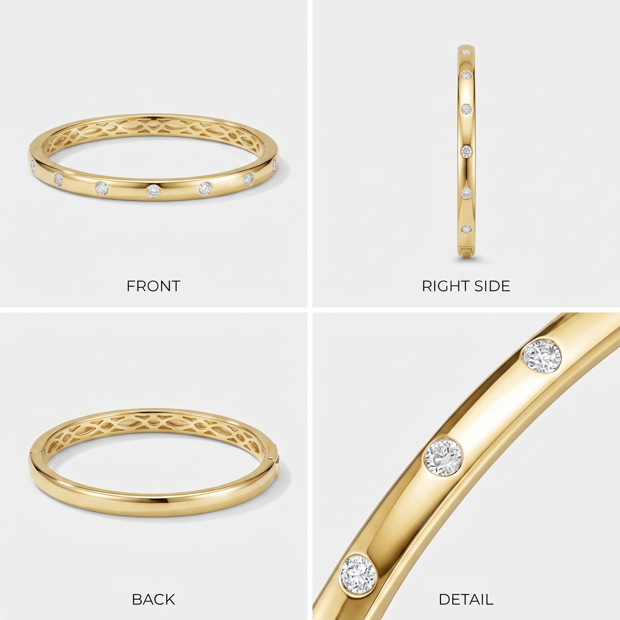 Front, side, back, and detail views of the 14K gold plated round CZ stackable bangle bracelet