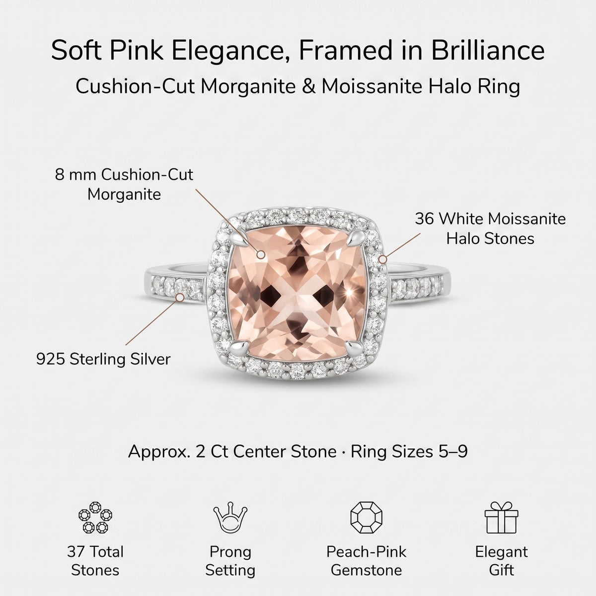 Bague coussin en morganite et diamants