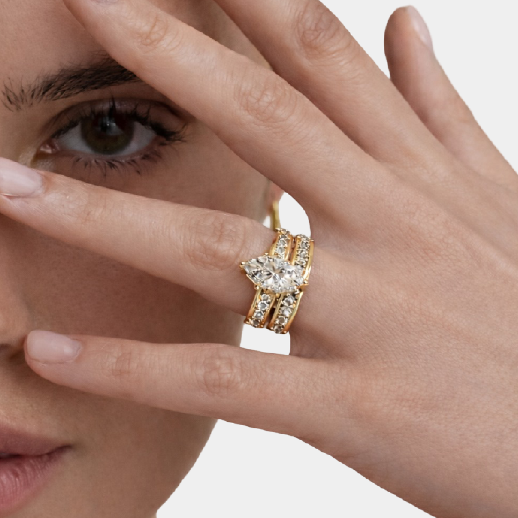 Close-up of gold filled her wedding ring with CZ stone from his and hers couple ring set