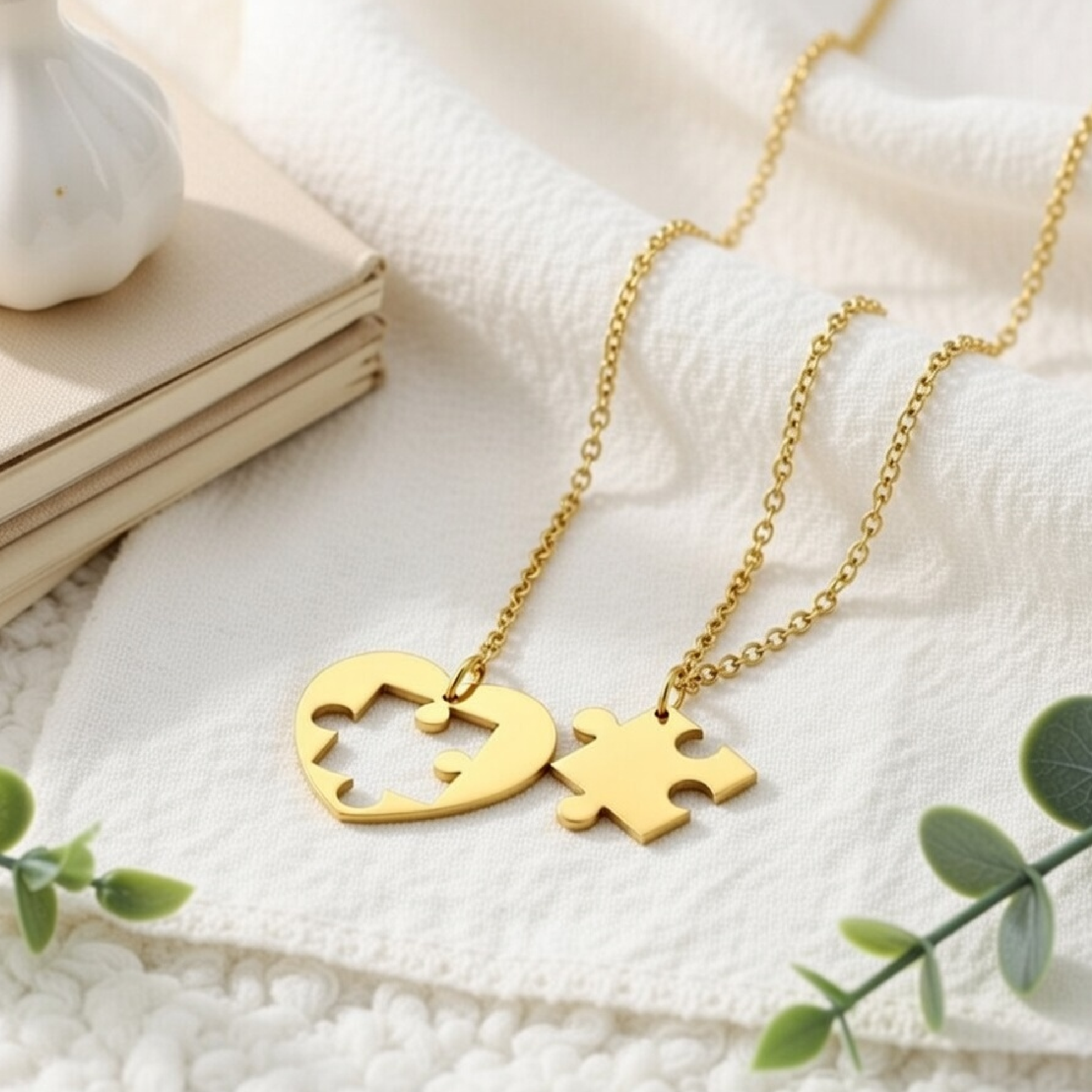 Couple wearing matching 18K gold puzzle piece heart pendant necklaces lifestyle photo