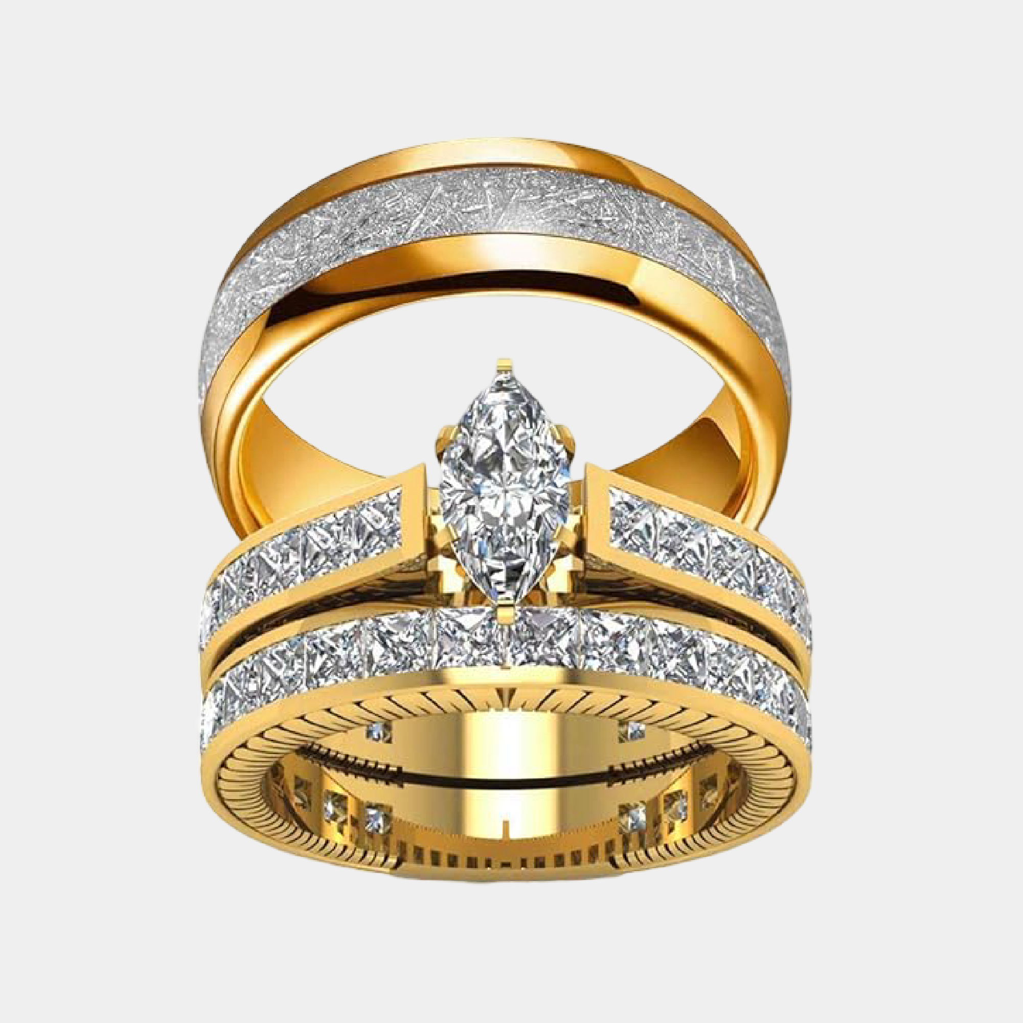Gold and titanium his and hers matching wedding ring set from MH Elegance couple jewelry