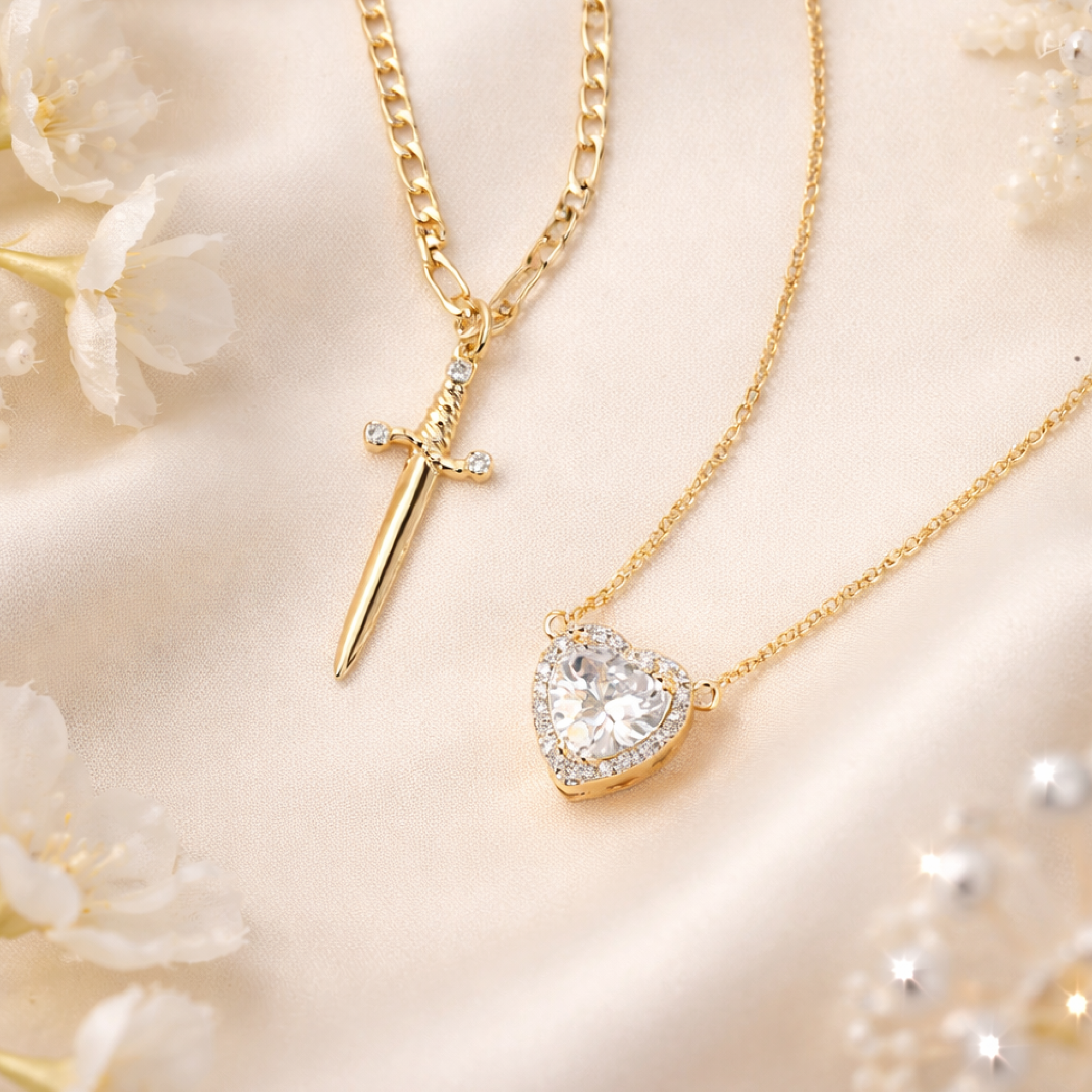 14K gold heart and sword couple necklace set displayed in gift box packaging