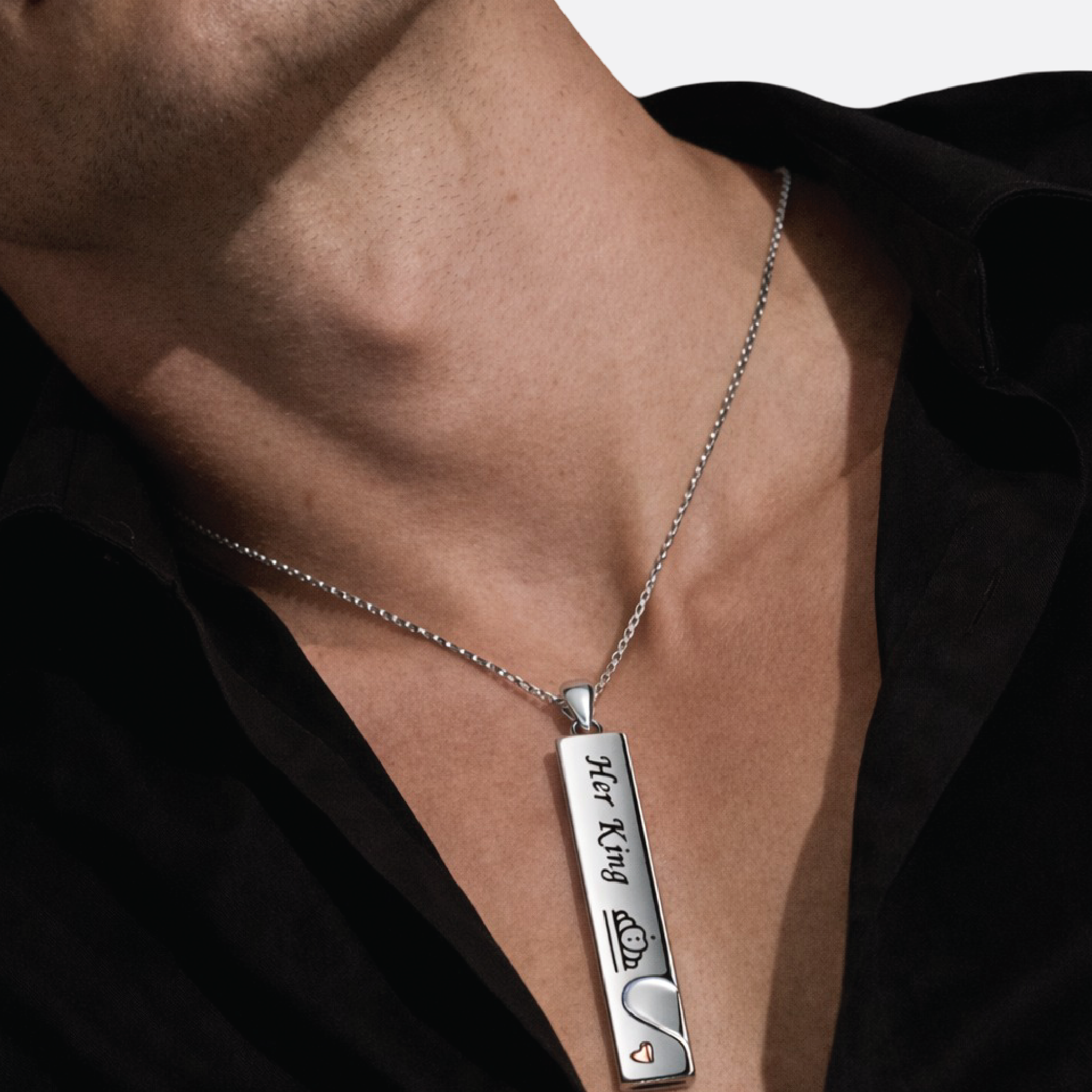Her King engraved sterling silver bar pendant from matching couple necklace set