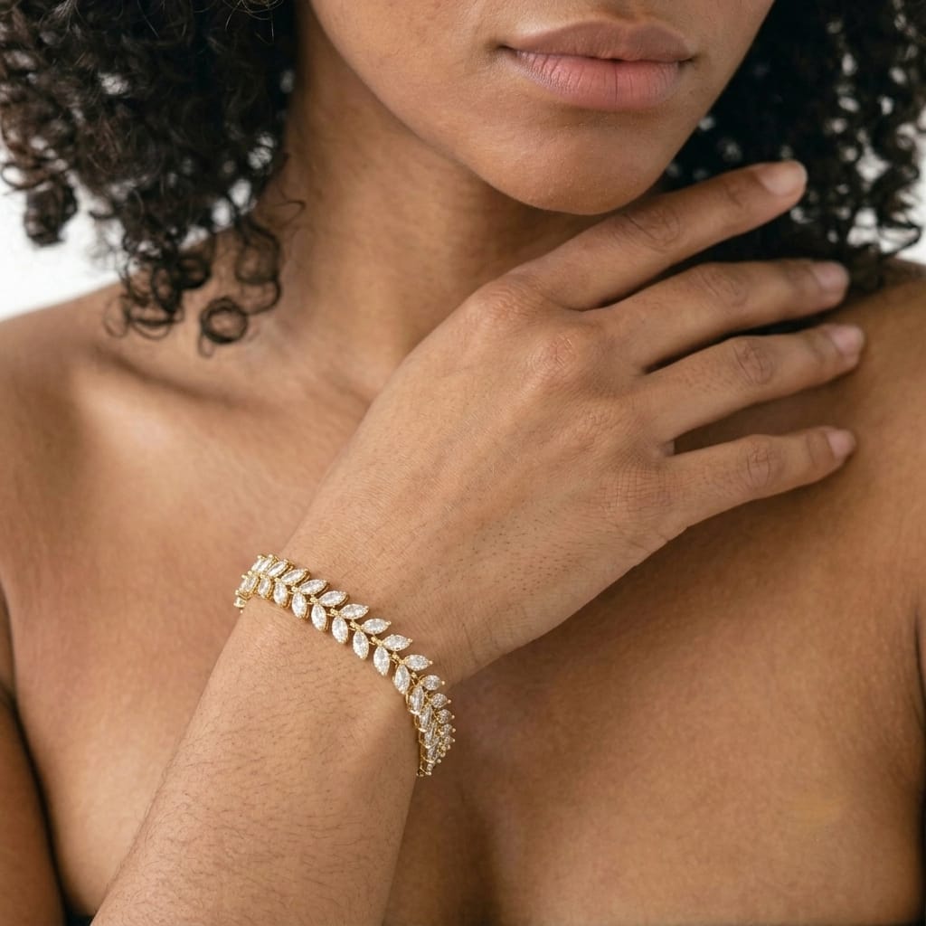 Close view of the marquise cut CZ tennis bracelet with two rows of leaf shaped stones