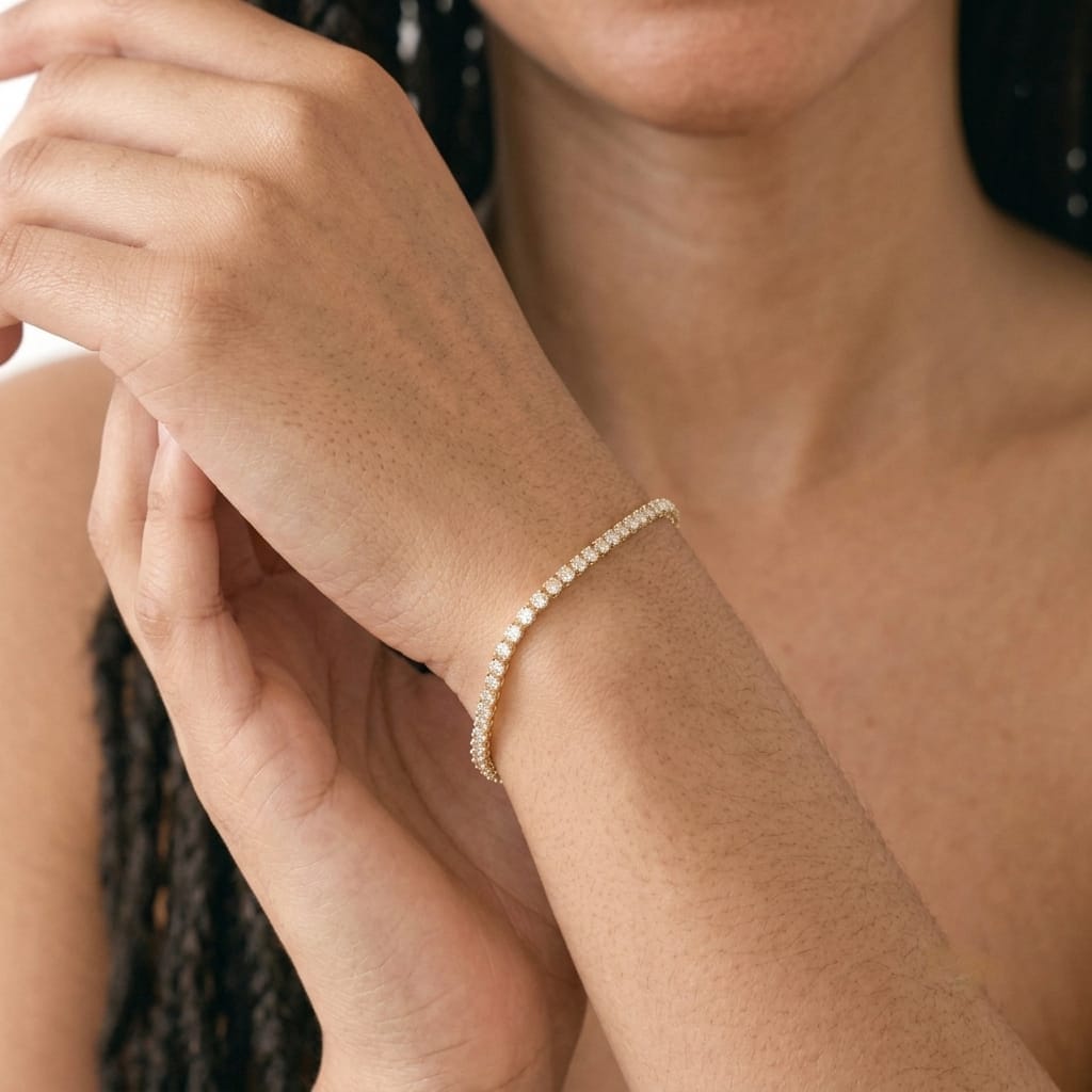 14K gold filled tennis bracelet for women with 3mm cubic zirconia stones worn on the wrist