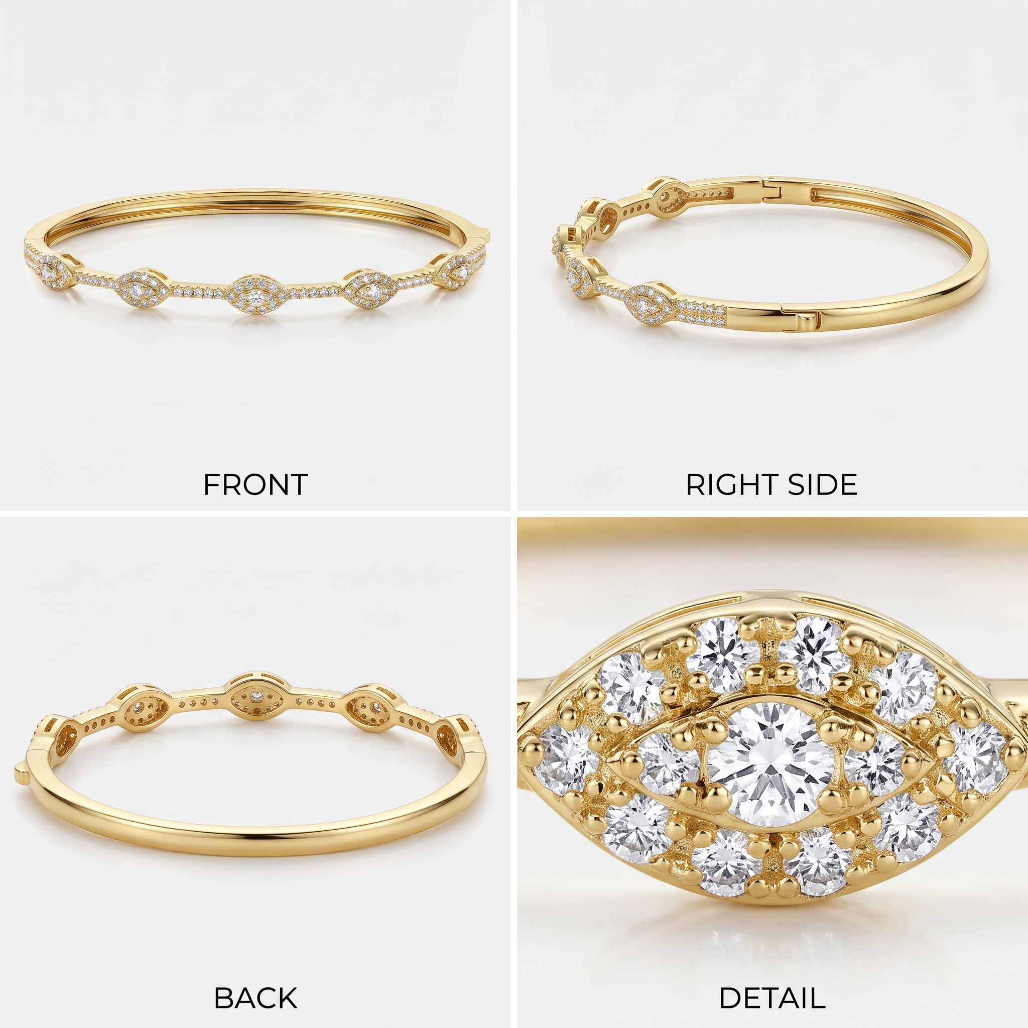 Front, side, back, and detail view of the 14K gold filled evil eye bangle bracelet showing the marquise and round pave cubic zirconia stations