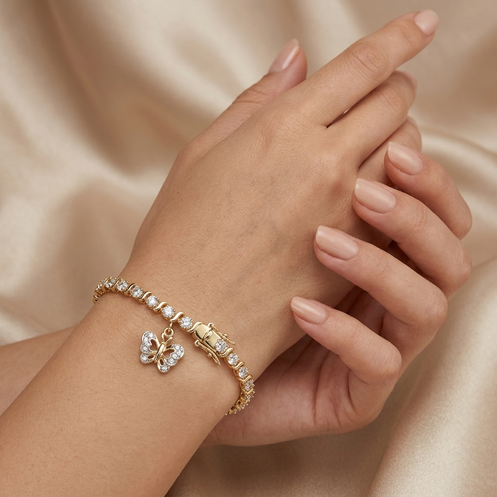 18K gold plated butterfly charm tennis bracelet for women with simulated diamond S-link chain